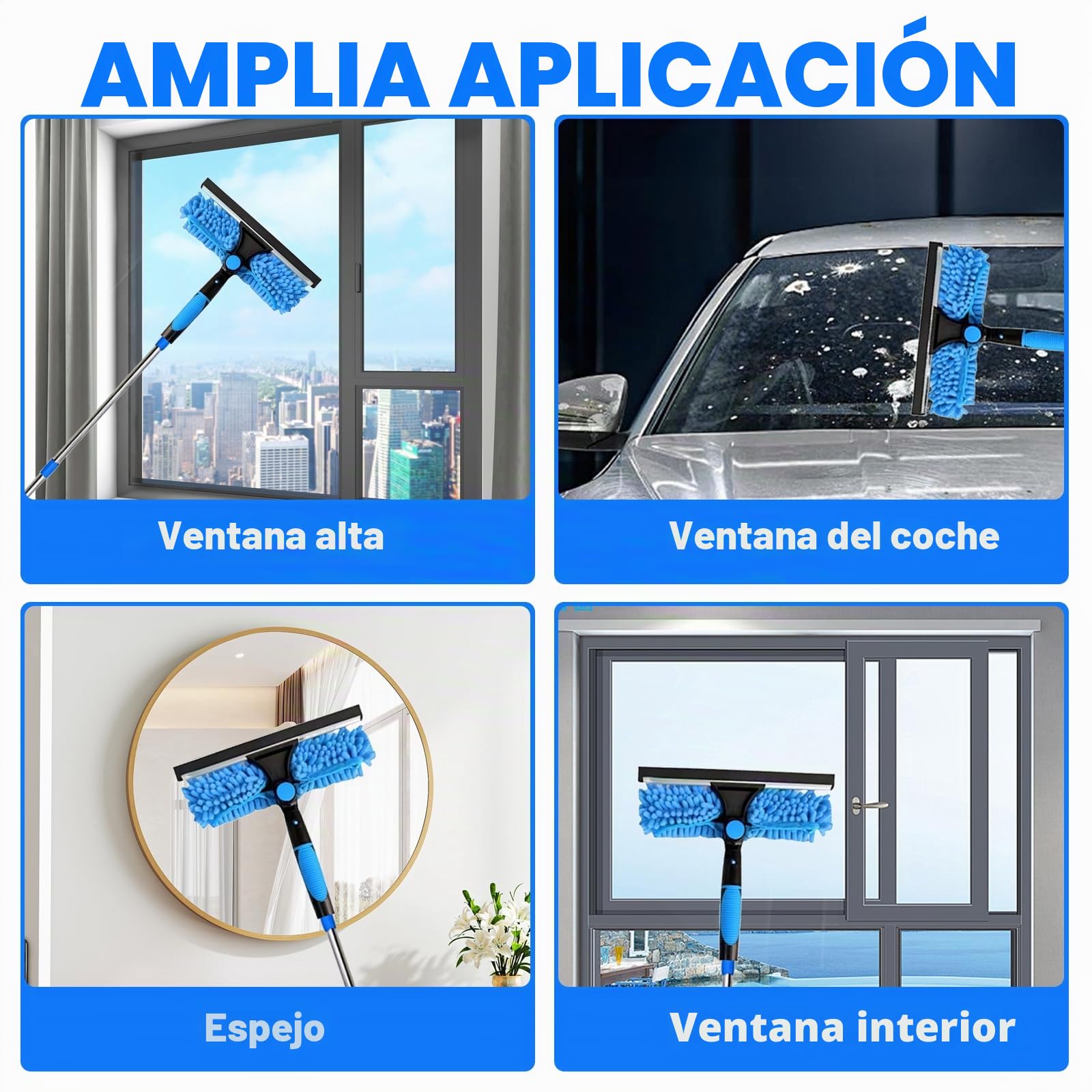 4,3 M Limpiacristales con Mango Extensible, Barra Telescópica 2 en 1, con 10 Palo, 2 Cepillo para Limpiar Juntas y 3 Paños de Microfibra y 1 Bolsa de Almacenamiento, para Ventanas Altas, Hogar, Pared