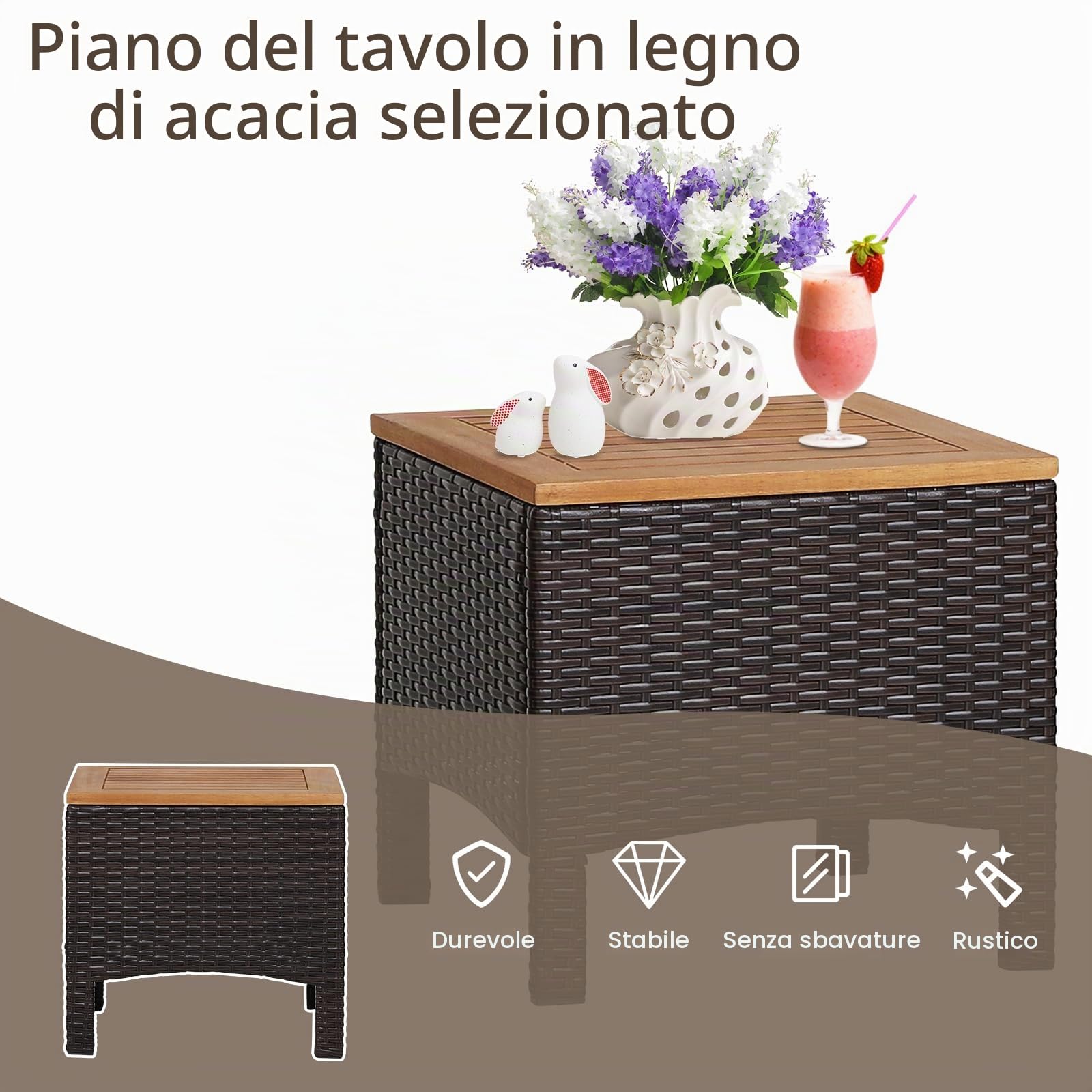 KOMFOTTEU Set di 3 mobili da giardino in rattan e legno di acacacia, mobili da balcone con 2 poltrone e 1 tavolino, per giardino, balcone, marrone e bianco
