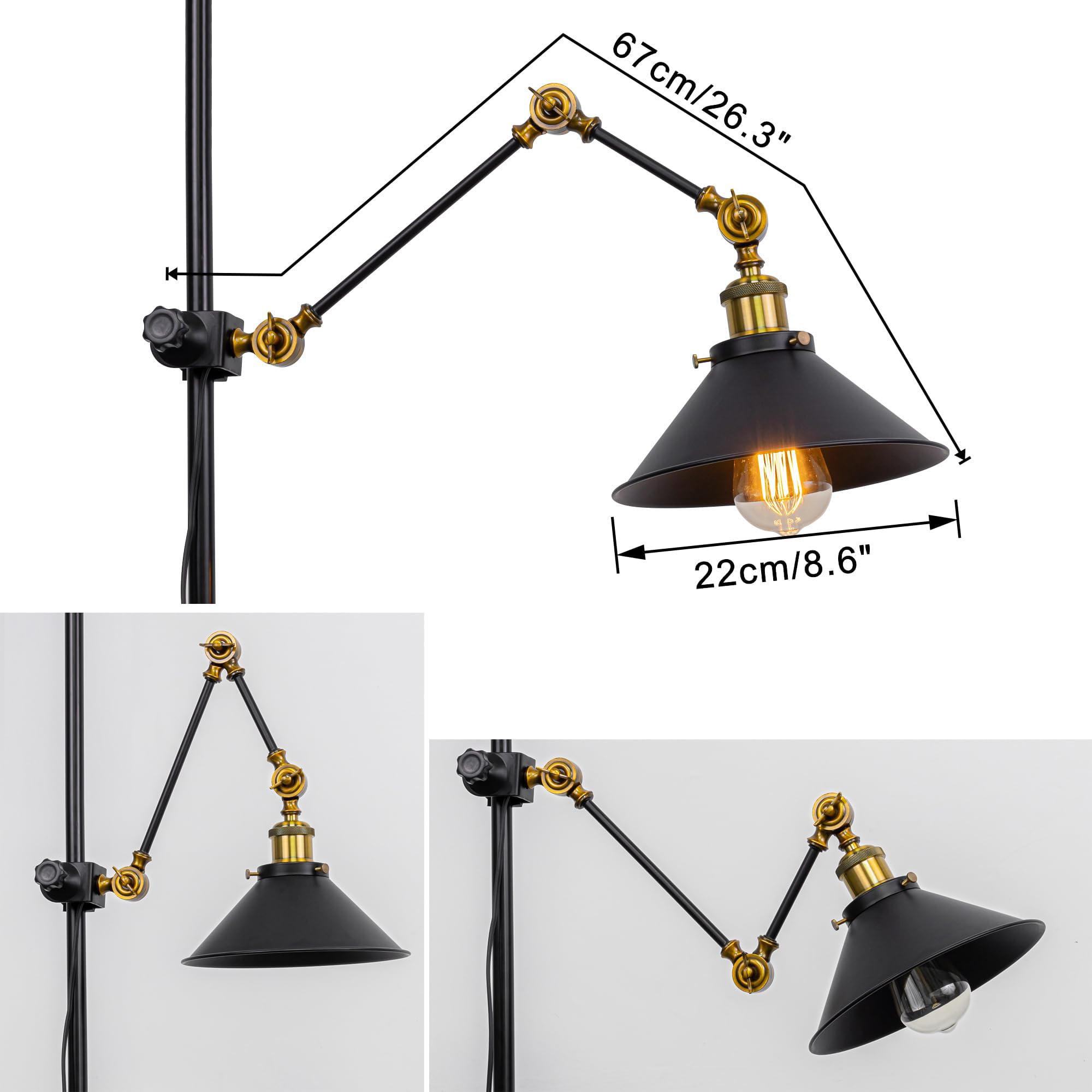 Schreibtischlampe mit Kabelschalter, Schwenkbar, Klemmlampe mit Schwenkarm und E27 Fassung für Bett und Schreibtisch, Klemmleuchte aus Metall in Schwarz,BD2788-ZX-DZ22CM