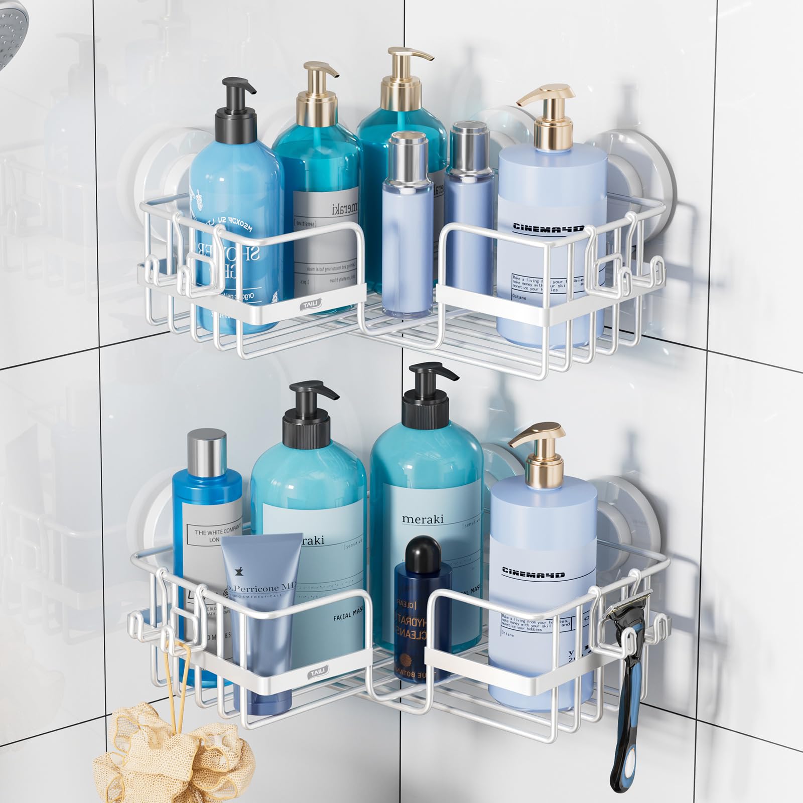 TAILI Corner-adaptive Suction Cup Shower Caddy 2 Pack Stainless Steel Rustproof Corner Shower Shelves Drill-Free Wall Mounted Baskets