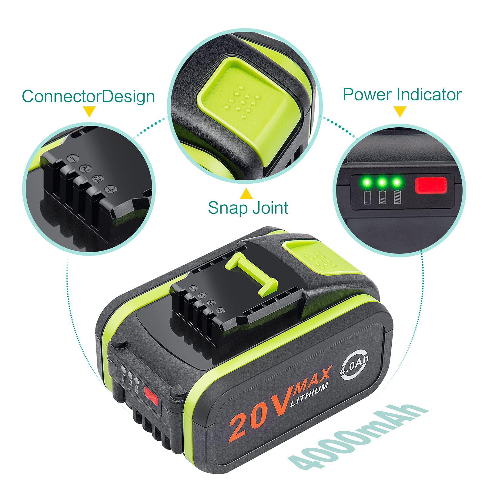 LabTEC Lot de 2 batteries de rechange 20 V 4000 mAh/4.0 Ah pour Worx 20 V WA3551, WA3551.1, WA3553, WA3553.2, WX372.1, WX80000 WX80000 WX3 WX3 WX80000 WX3 WX3 802 WXS. 678 WX550 WX523 WU531.9 WG894E