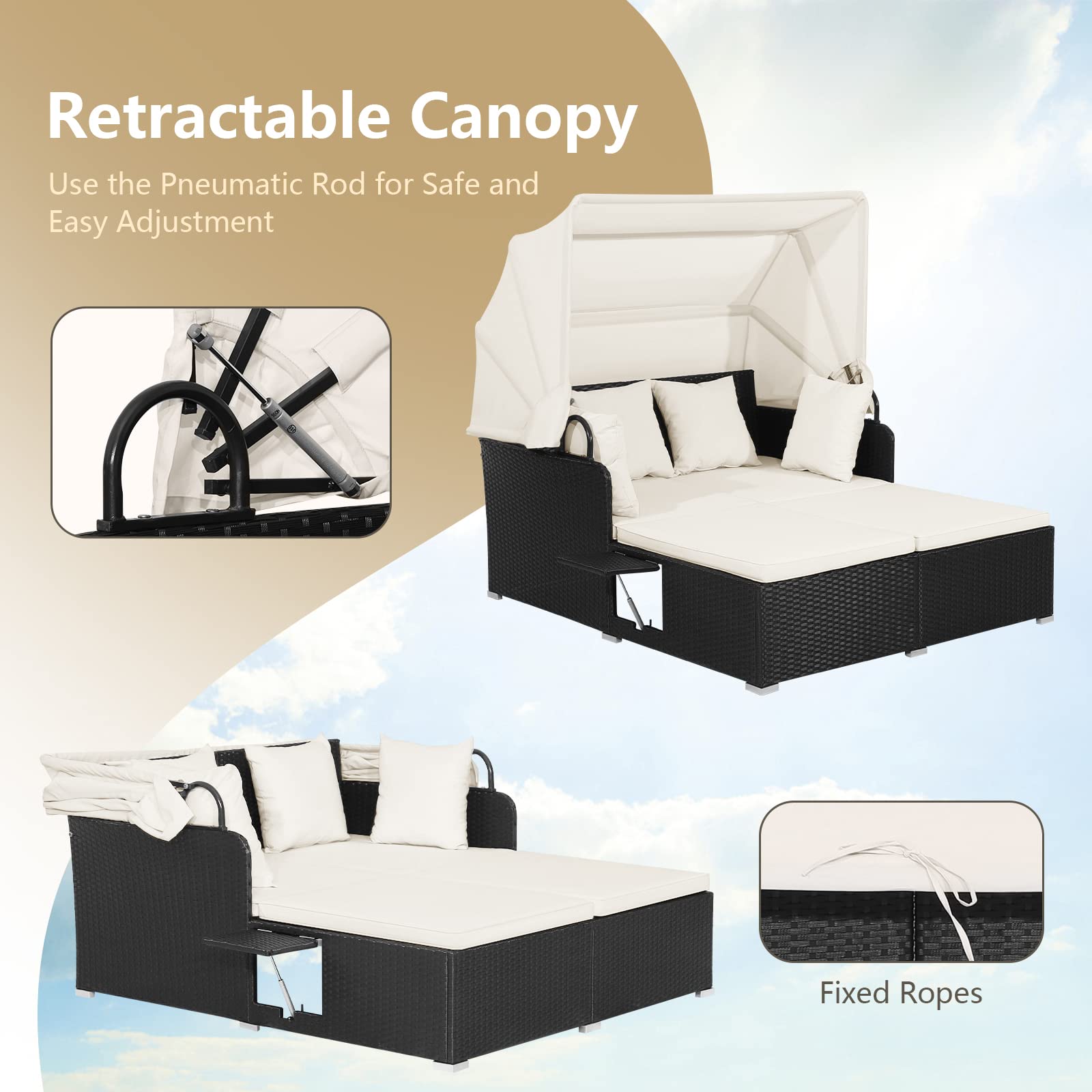 Giantex Sonneninsel Sonnenliege 2 Personen, Doppelliege Outdoor Gartenliege mit faltbarem Sonnendach, Liegeinsel mit klappbaren Tablett & Kissen, Gartenlounge Gartenmuschel Daybed Outdoor