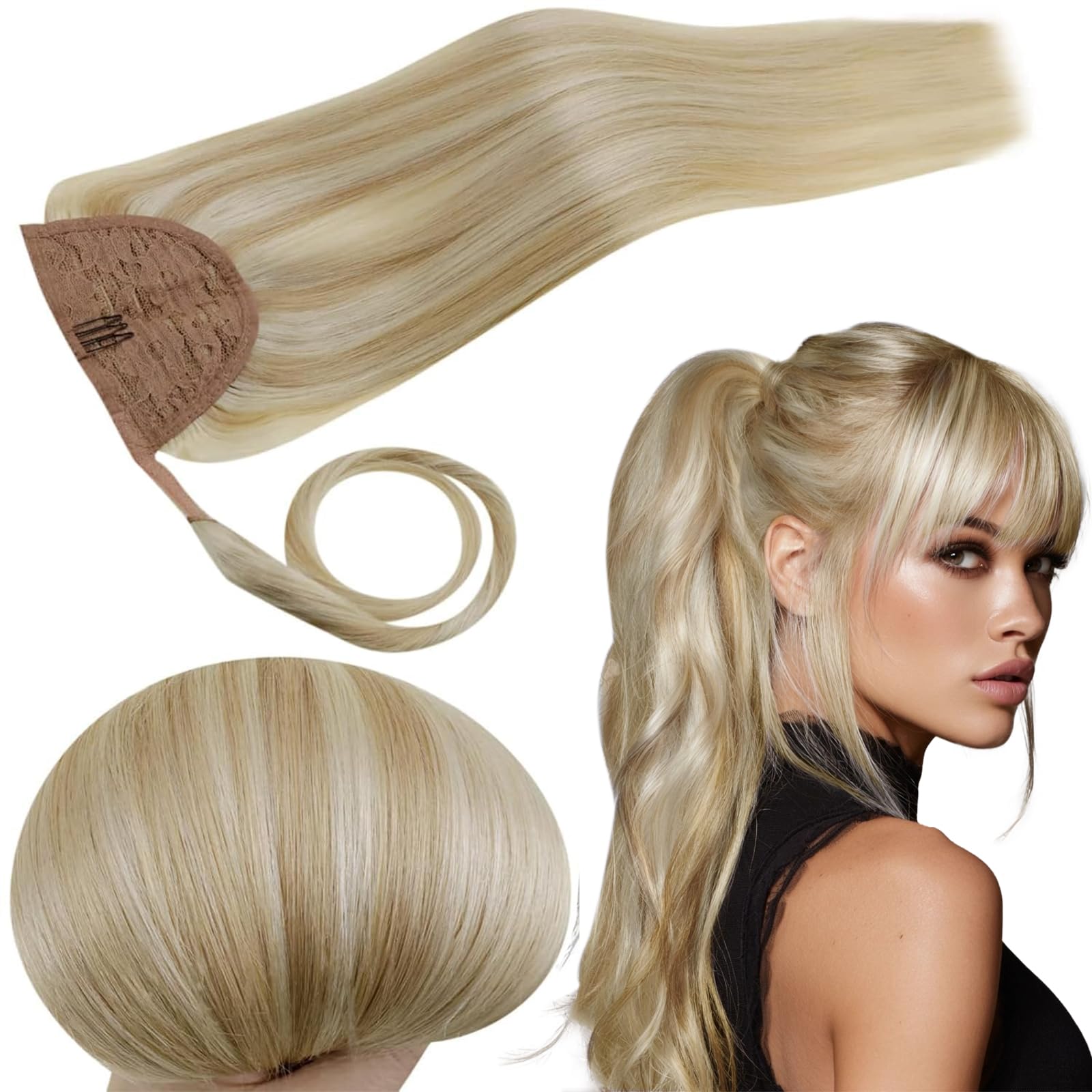 RUNATURE Ponytail Extension Human Hair Blonde, Real Human Hair Ponytail, Wrap Around Ponytail Hair Extensions Remy Straight Hair 18 Inch 80g #18P613