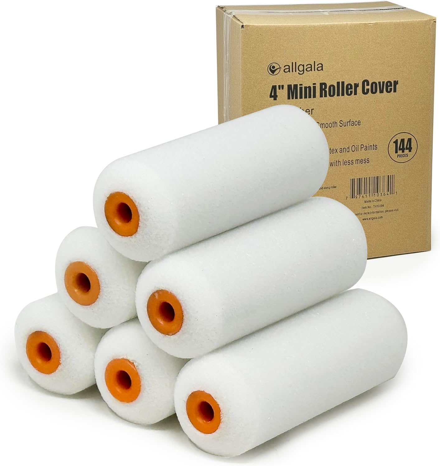 Allgala Foam Paint Roller, 144 Pack 4 inch Shedless High Density Foam Mini Paint Roller Cover for Trim Wall Funiture Doors Cabinets, Cupboards