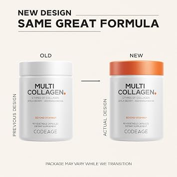 Codeage Multi Collagen Peptides Protein Capsules, 5 Collagen Types, Grass-Fed & Hydrolyzed Bovine Collagen Pills Supplement, Ashwagandha, Amla Berry Vitamins, Collagen Peptides - 90 Capsules