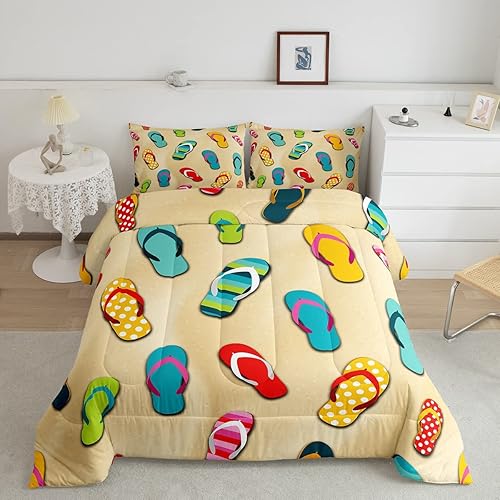 Erosebridal Juego de ropa de cama con temática costera de playa, juego de edredón con patrón de chanclas, relleno de edredón de verano oceánico,