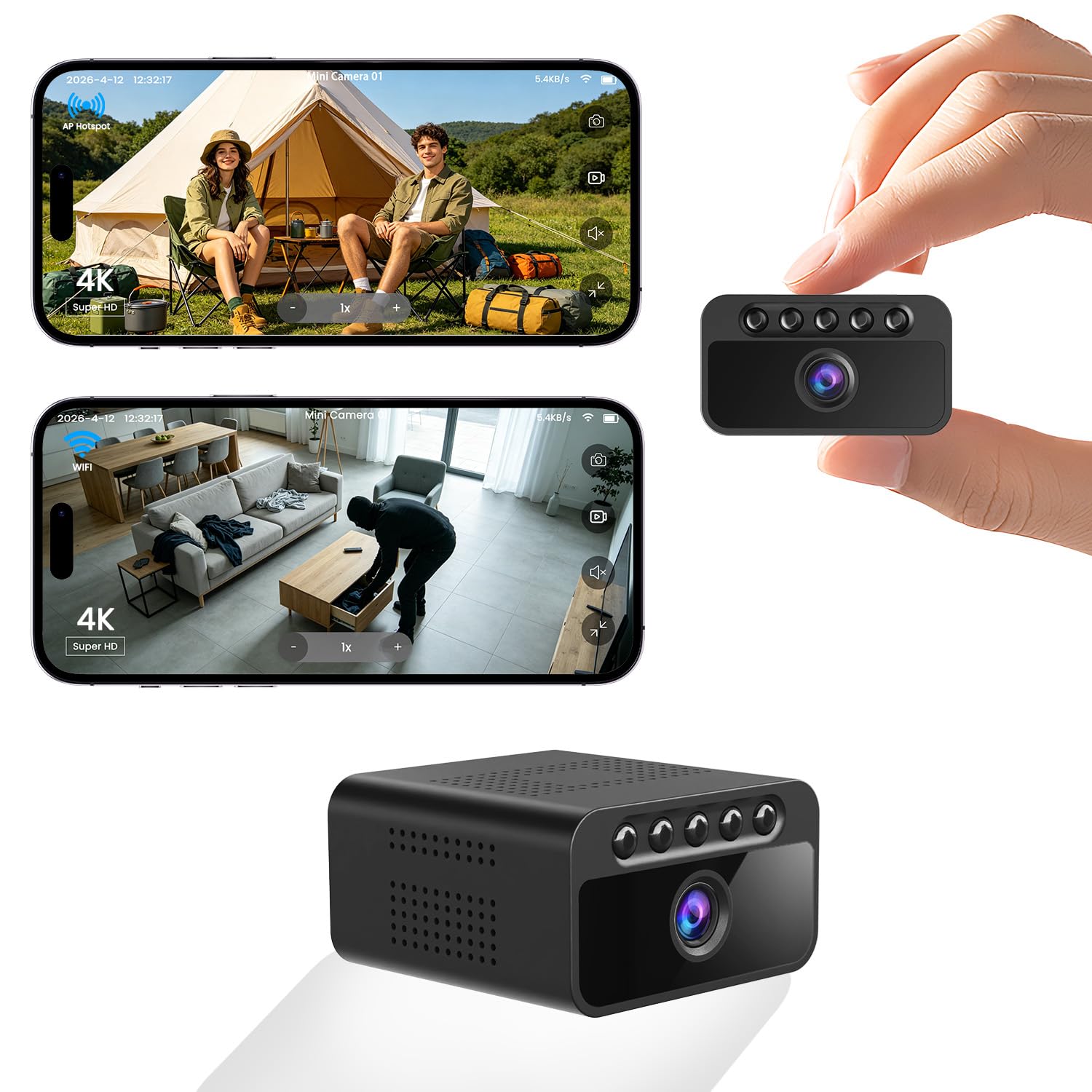 Bextgoo Mini Camara Espia 4K, WiFi/Hotspot/Sin WiFi, Camara Vigilancia Sin Internet con Visión Nocturna, Múltiples Opciones de Instalación,Camaras de Vigilancia Sin Cables para Interior/Exterior