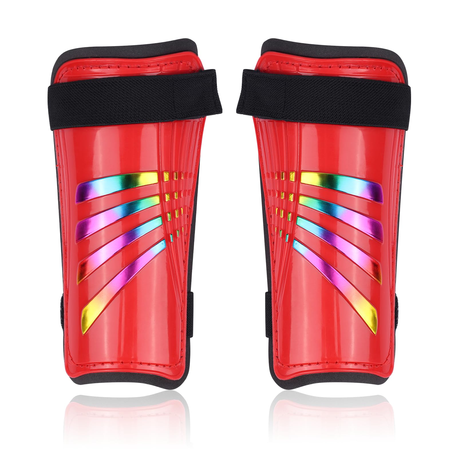 LVZhen Shin Guards | Multi-sport Kids Shin Pads | Non-slip Double Adjustable Straps | Rainbow Shin Guards Size M (7.48" x 3.93") (Red)