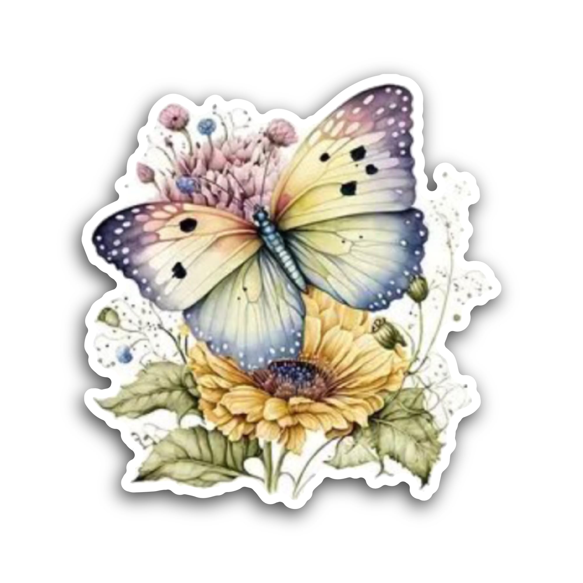 2 (Pieces) 3" and 5" Butterfly On A Sunflower Sticker, Waterproof Vinyl Decals for Many Purpose Like Cars, Trucks, Laptops, Phones, Windows and More
