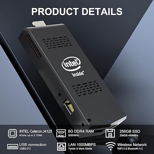 Vista 11 de PC Stick con Intel Celeron J4125 Windows 11 Pro 8GB DDR4 128GB SSD Mini Computer Stick Soporte UHD 4K 60Hz WiFi 2.4G/5G Gigabit Ethernet BT 4.2