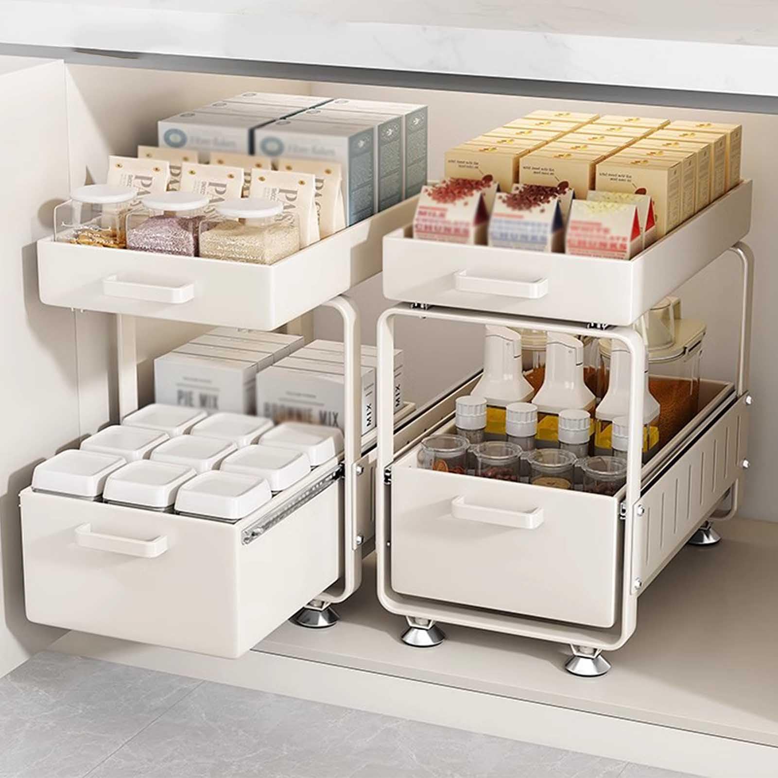 Generico Cestello Estraibile a 2 Livelli in Metallo per mobili da Cucina e Bagno - Elegante cassetto Bianco per riporre Oggetti sotto Il lavello, Soluzione salvaspazio per l'organizzazione.