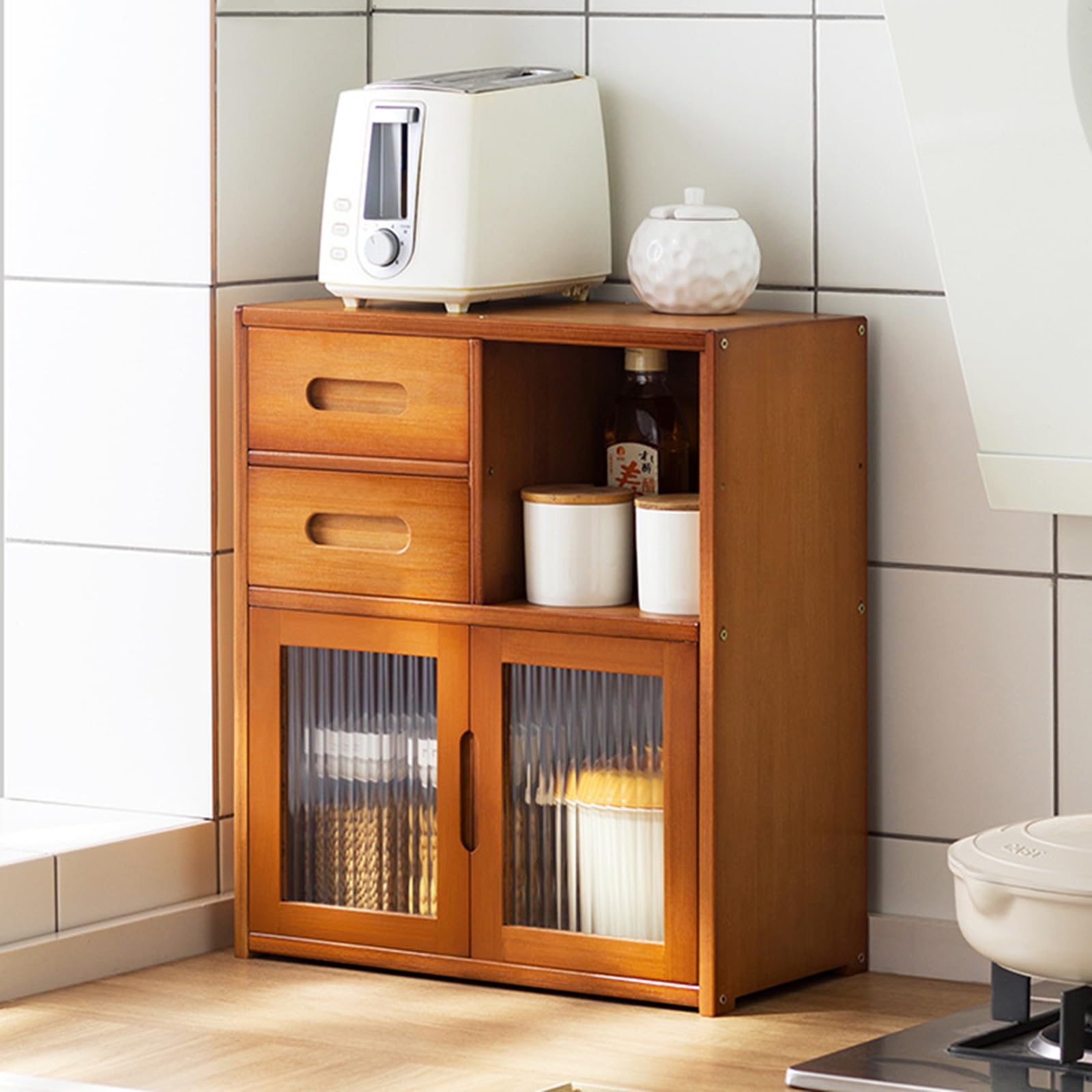 ILWorkTLs 2 Tiers Bamboo Kitchen Pantry, Storage Cabinet with Acrylic Door and Drawer for Kitchen, 16.5" W Pantry Countertop Storage for Spice Seasoning Bottle,Dish,Wood