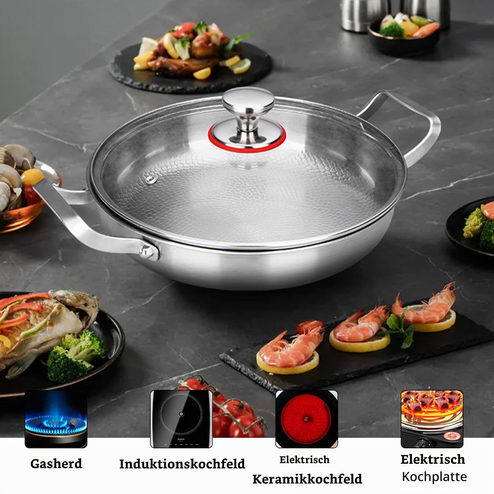 Titan Bratpfanne Ø 32 cm, Pfanne Unbeschichtet mit Deckel, Kratzfeste bratpfanne, Pfanne zwei Griffen, Gehämmerte Titan-Bratpfannes, Premium bratpfanne für Induktion, ohne Beschichtung
