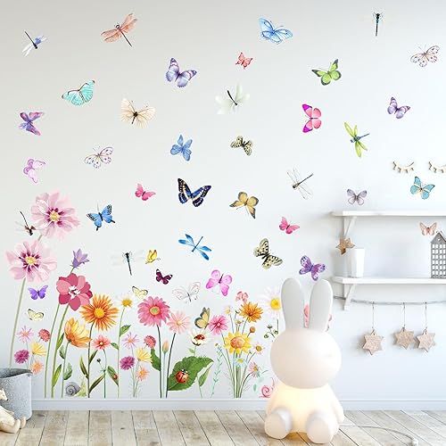 Miniatura 4 de 80 calcomanías de pared con diseño de flores, mariposas, crisantemos, libélulas, flores, despegar y pegar, arte removible de PVC para jardín,
