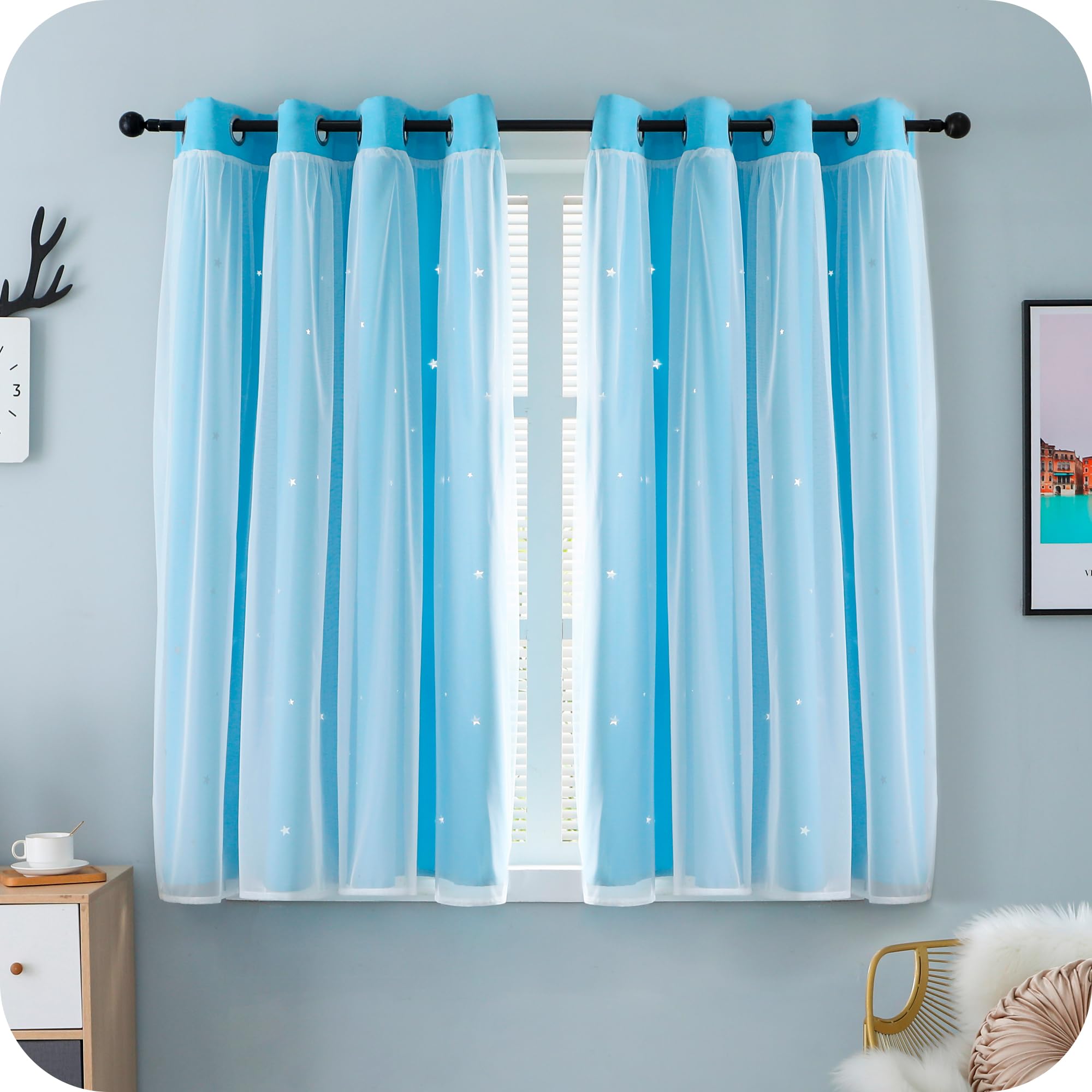 GIRASOLE HOME® Paire de rideaux à double voile occultants doux fantaisie étoiles vides, rideau isolant, pour chambre et chambre d'enfant, 2 panneaux avec œillets (140 x 145 cm, bleu ciel)