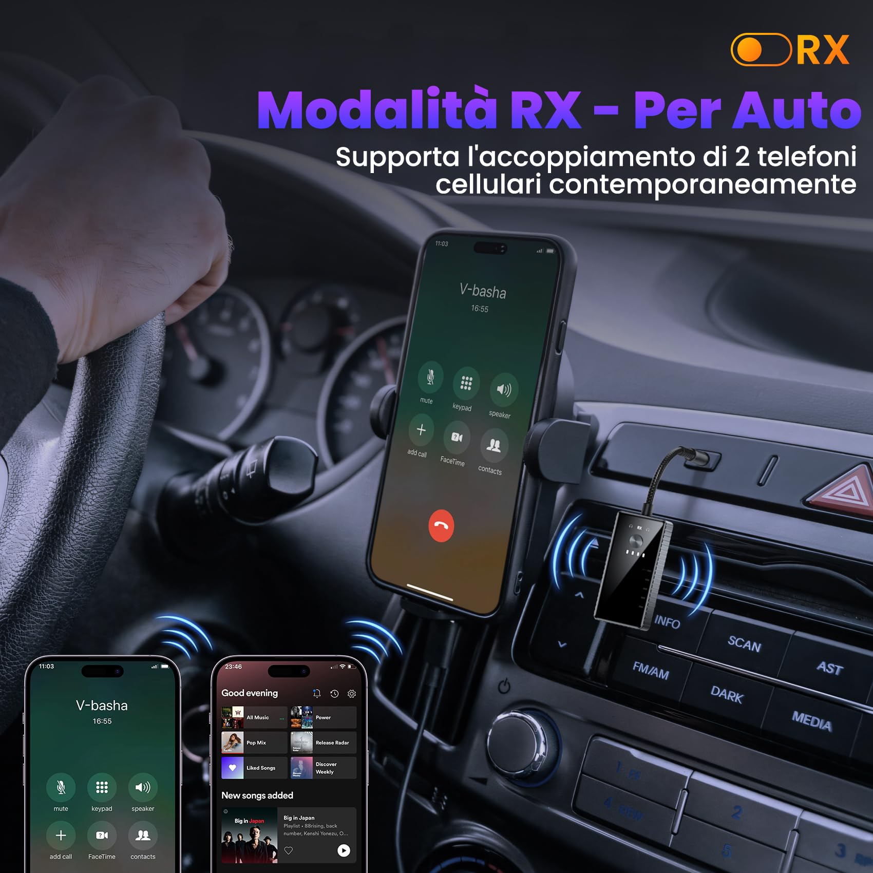 Trasmettitore Ricevitore Bluetooth per TV, 2 in 1 Adattatore Bluetooth 5.2 Supporta 2 Cuffie con AptX, Audio Jack da 3.5 mm per Aereo/Auto/Amplificatore/Palestra