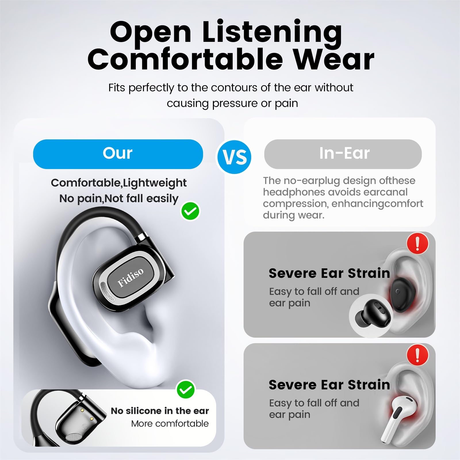 Auricolari aperti senza fili, auricolari Bluetooth 5.4, auricolari Bluetooth aperti con ganci regolabili, ultra confortevoli, vestibilità aderente, suono potente, chiamate chiare, riproduzione 40 ore,