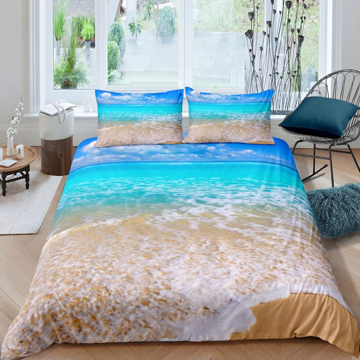 Homemissing Boys Multicoloured 4 Beach Duvet Cover Ocean Bedding Set For Kids Girls Sea Comforter Cover Hawaiian Beach Bedspread Cover 3Pcs King Size