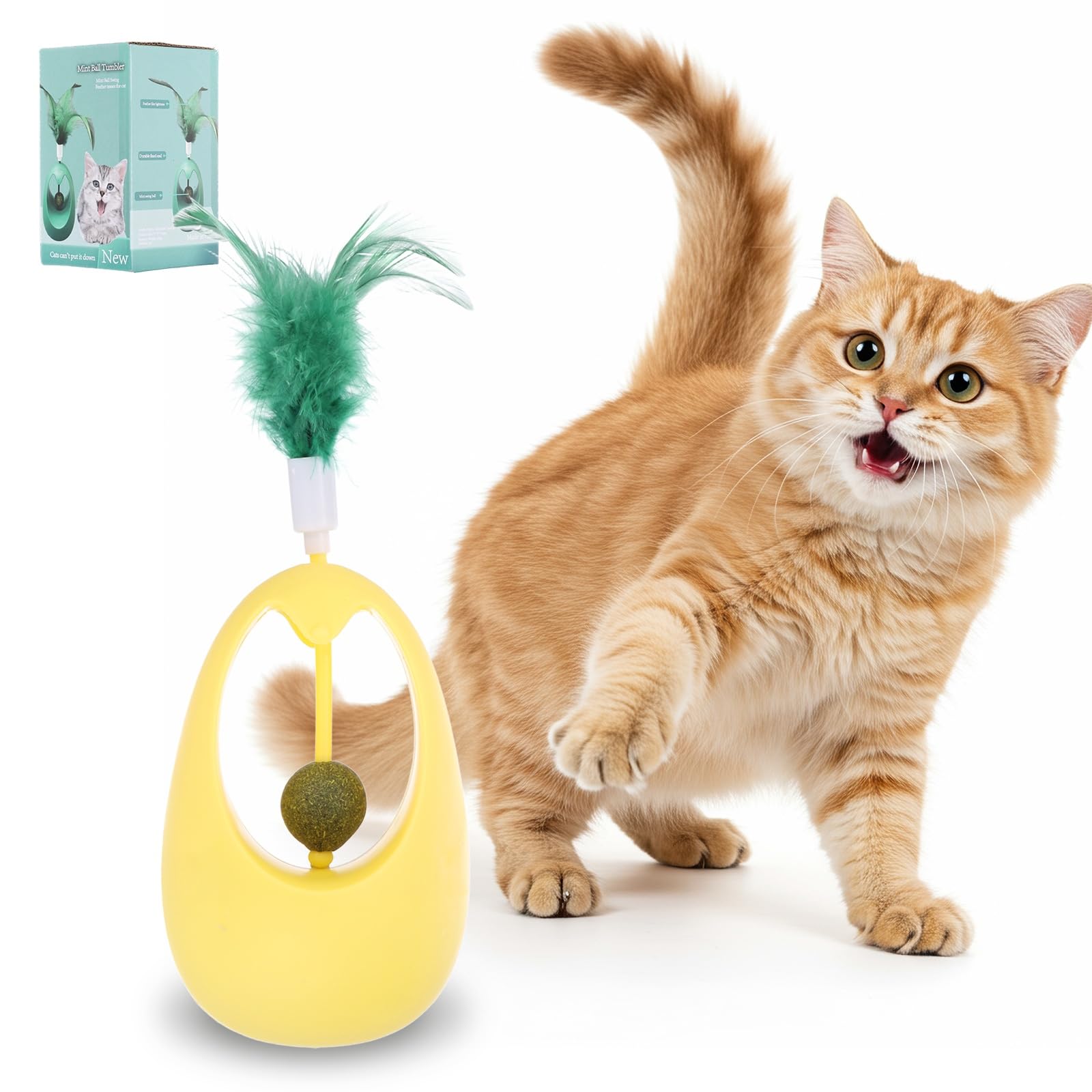 sourcing map Catnip Balls Interactive Self-Righting Wobble Tumbler with Feather, Silent and Battery-Free, Intended for Indoor Kittens Exercise/Entertainment Playing (Yellow)