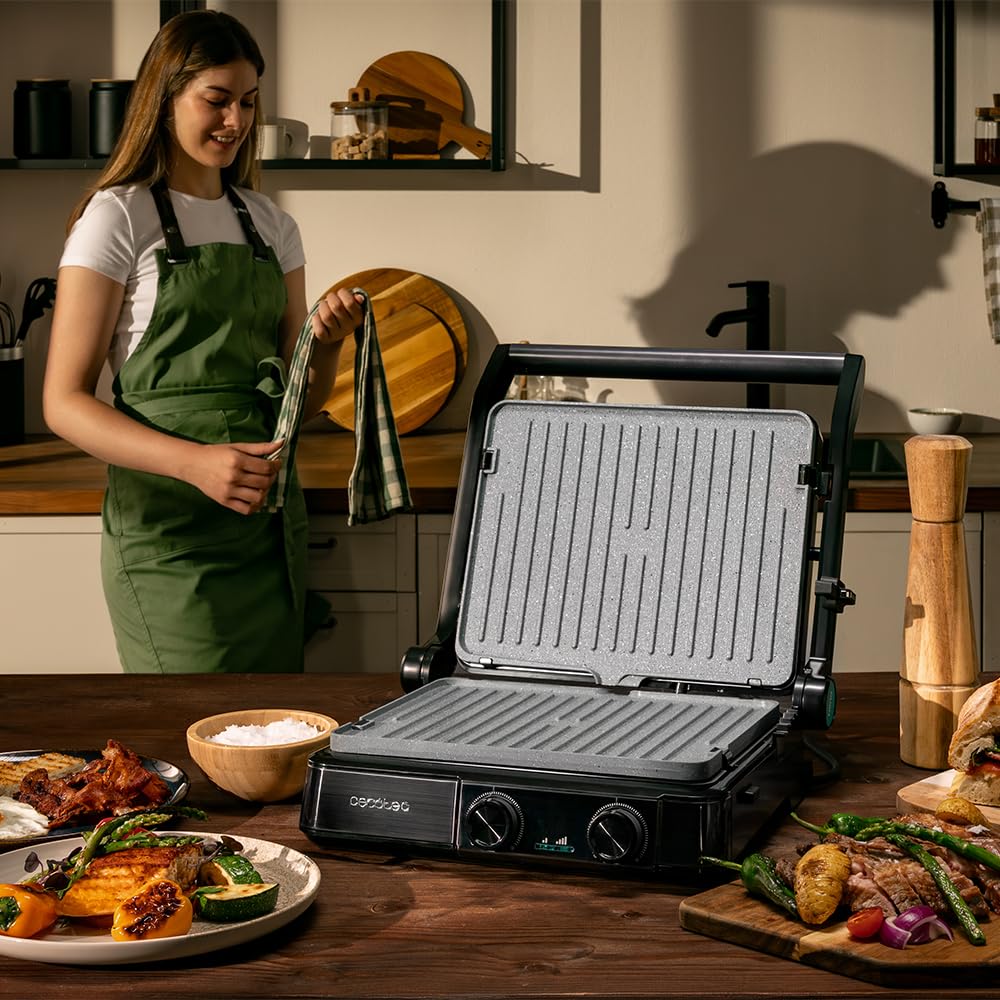 Cecotec Rock'nGrill 2200 Dual Grill elektryczny 2200 W, otwarcie 180°, podwójna temperatura, nieprzywierająca RockStone, odwrócone płyty, zbierające, wskaźnik świetlny, 29 x 23 cm
