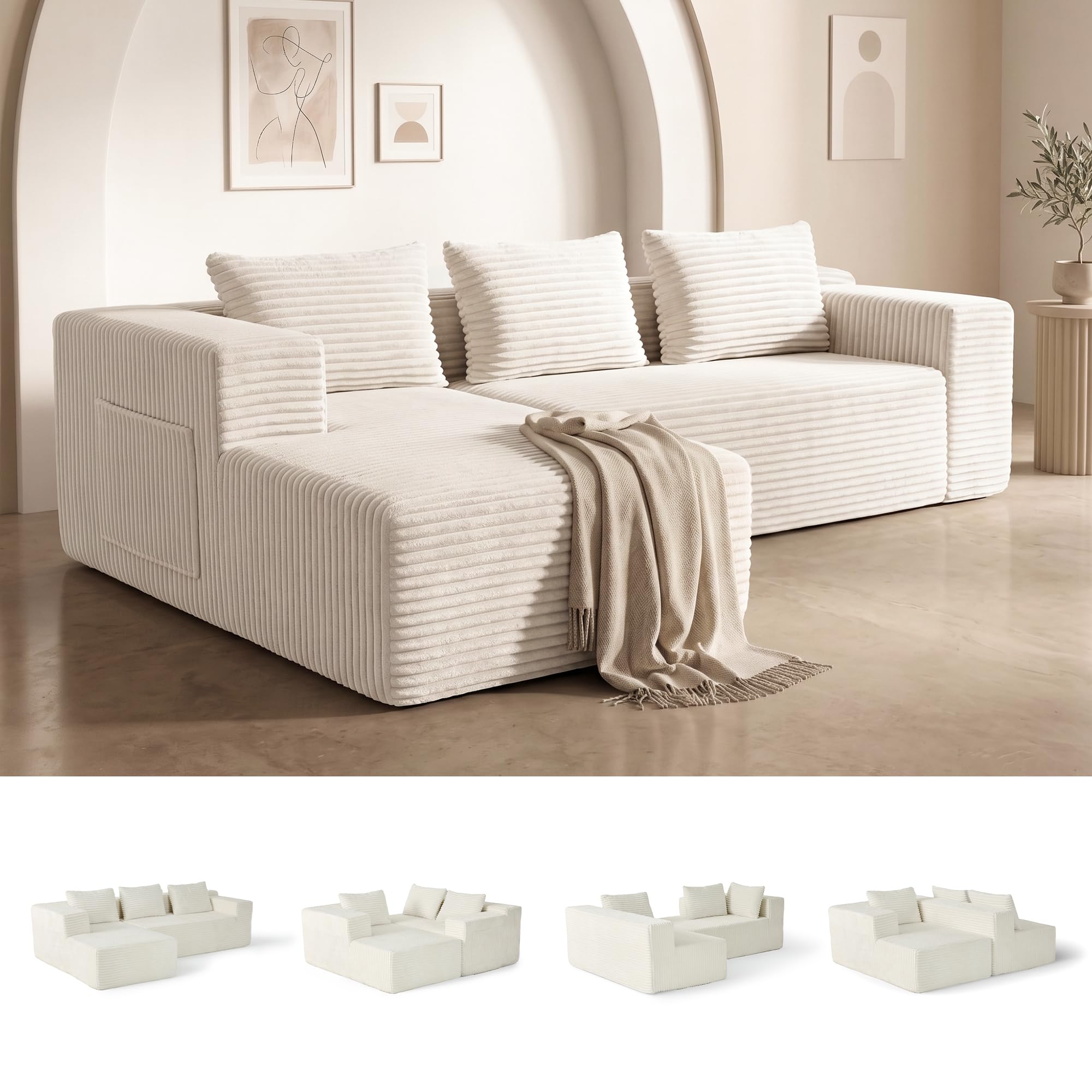 zzlay Modular Boneless L-Shaped Couches for Living Room with Side Pockets