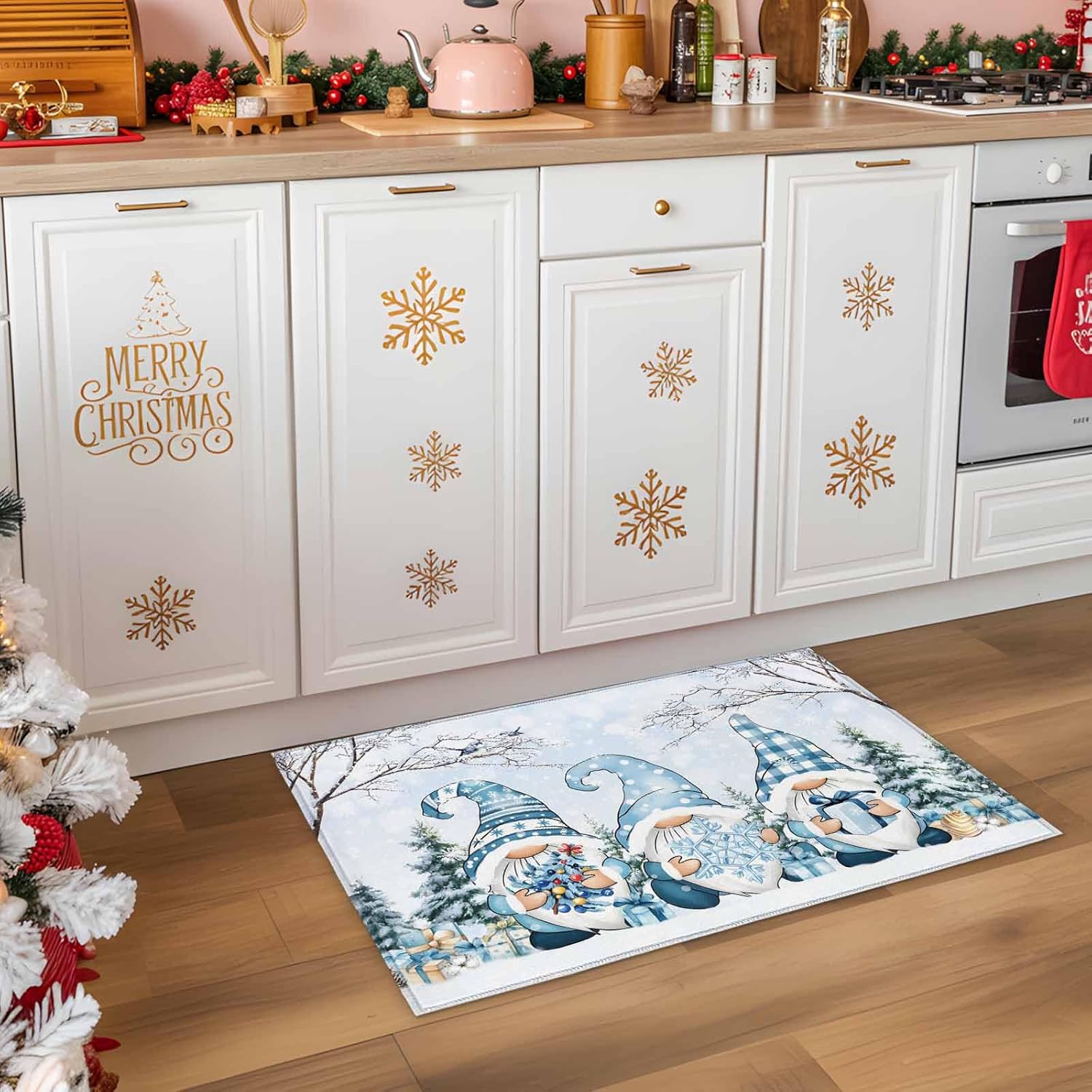 Welcome Doormat Non-Slip Bath Rugs 18x30in, Blue Gnome Christmas Tree Squirrel Snowflakes Indoor Kitchen Rugs Floor Door Mat Winter Snowy Water Absorption Bathroom Carpet Home Decor Entrance Mat