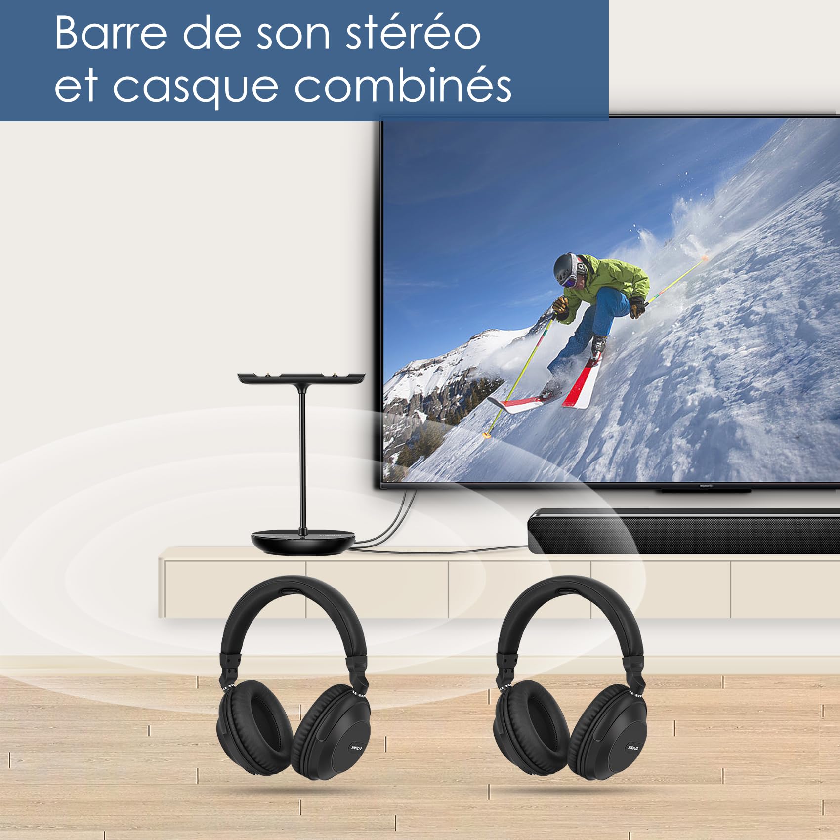 SIMOLIO Double Casque TV sans Fil, Mode TV/Bluetooth, Clarté des Dialogues