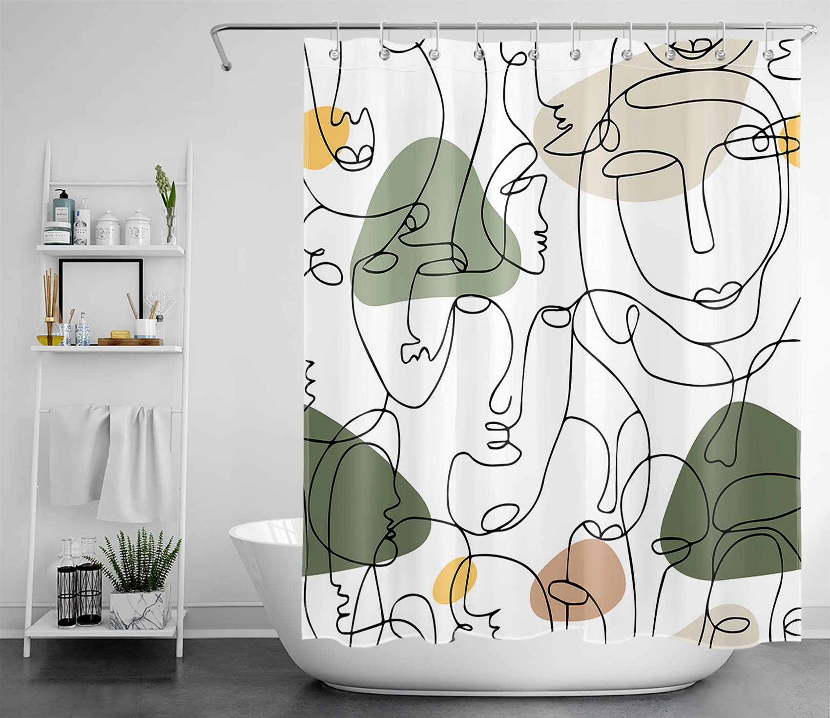 LB faccia astratta Tenda Doccia 150x180cm Arte della donna di metà secolo Tende da Bagno con Ganci, Linee nere minimaliste Corto Impermeabile Antimuffa Poliestere Casa Decorazione