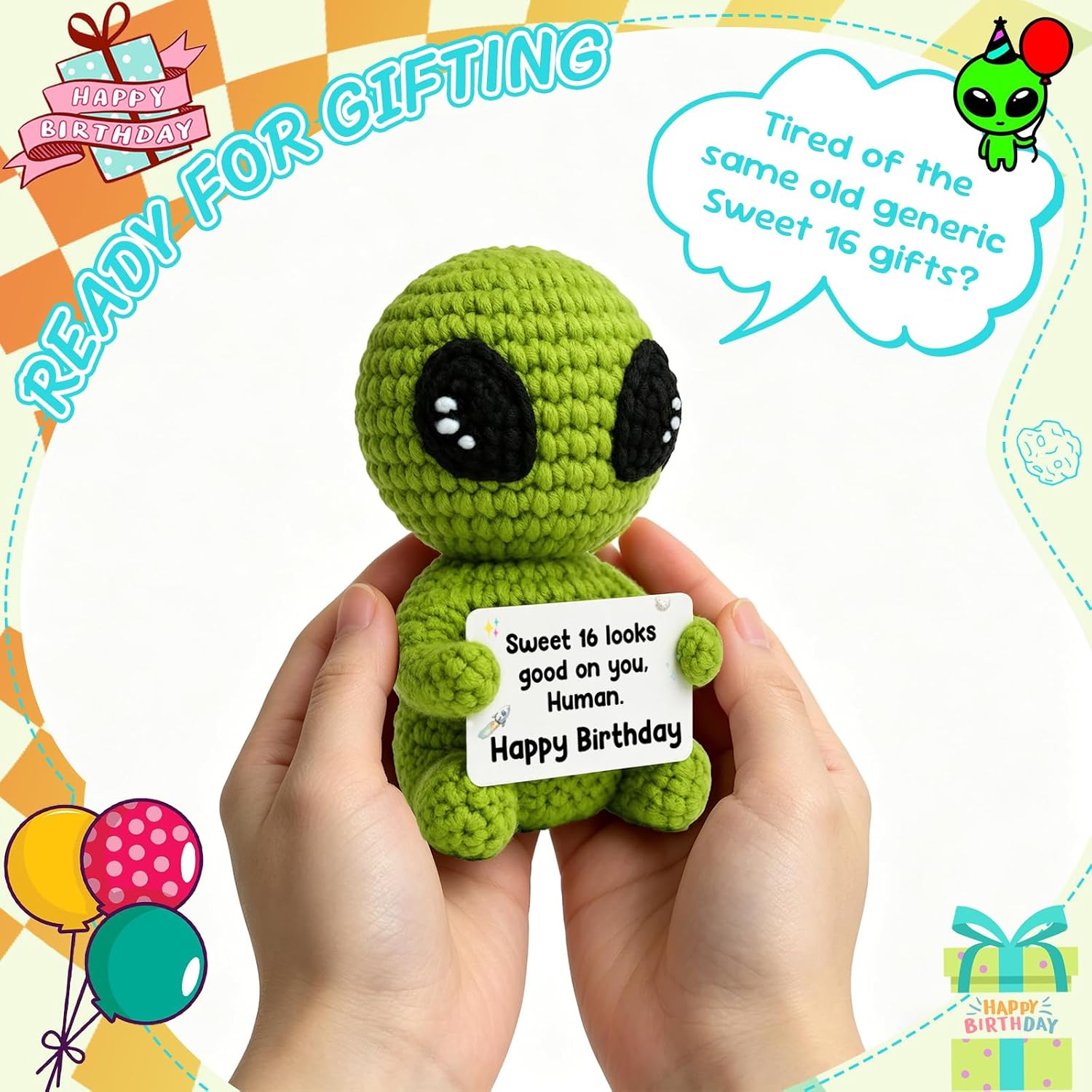 16th Birthday Gifts for Boys Girls Handmade Crochet Alien Decors with 16th Bday Card Unique Birthday Gift Ideas for Son Daughter Him Her image 3