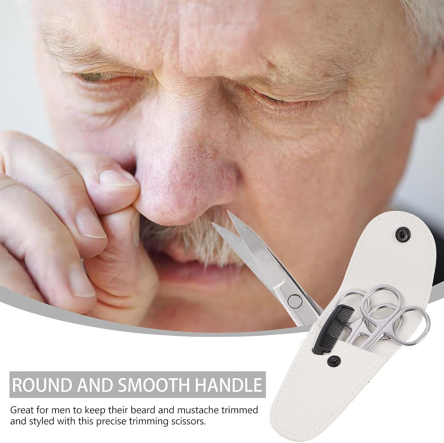 4Pcs Beard Scissors Set with Mustache Trimming Scissors and Nose Hair Trimmer, Stainless Steel Precision Grooming Kit with White Leather Case and Small Comb for Men’S Facial Hair
