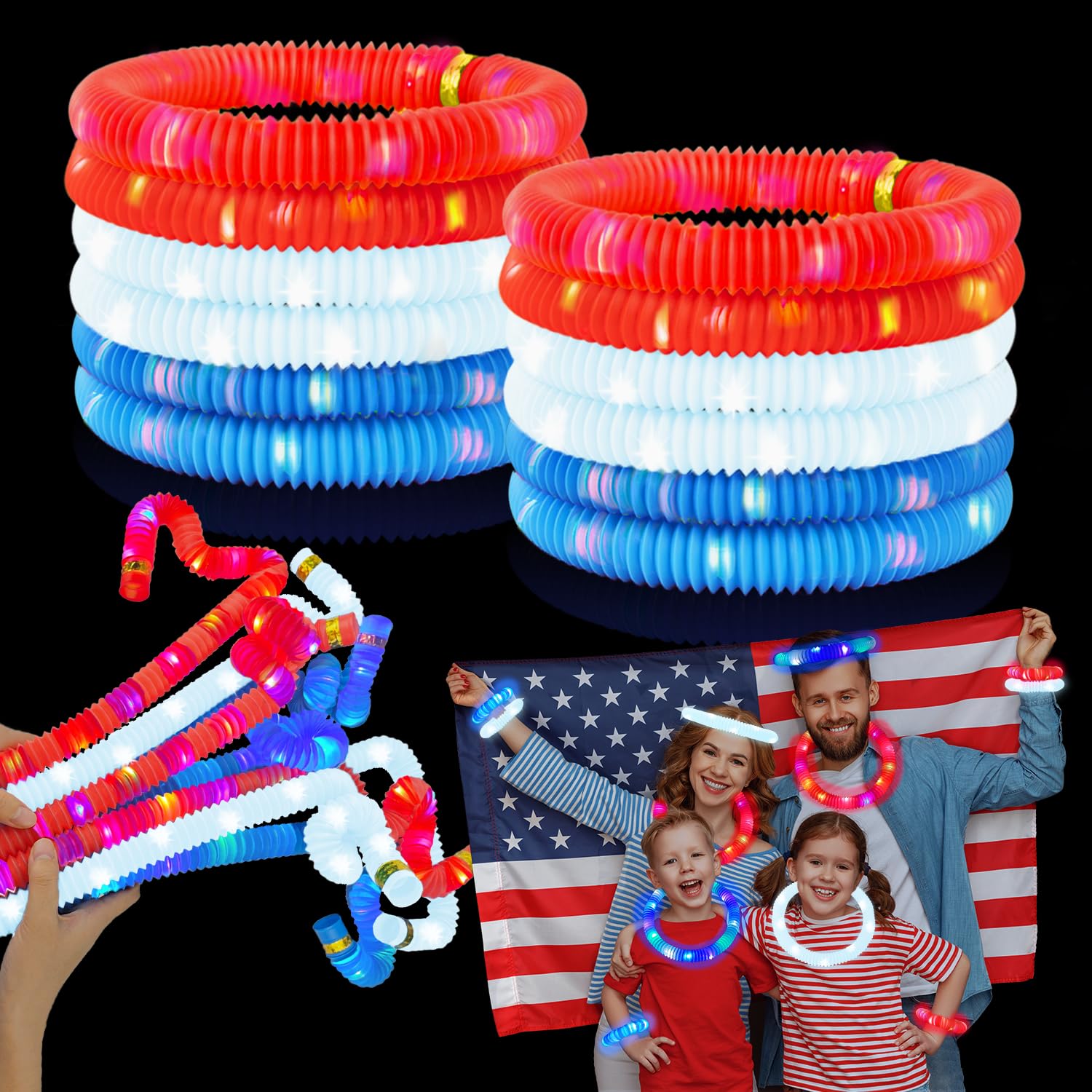 4th of July Red White Blue Glow Sticks 12 PCS,Light up Bracelet Necklace Accessories for Kids, Fourth of July Party Favor Supplies Decorations,Patriotic Parade Stuff Toys Gifts for Independence Day