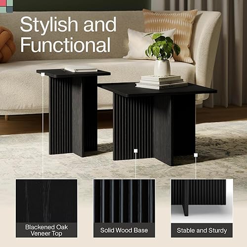 Vista 5 de Mesas de centro cuadradas estriadas anidables, juego de mesa auxiliar de 2 piezas, escritorio moderno para bebidas para sala de estar, decoración
