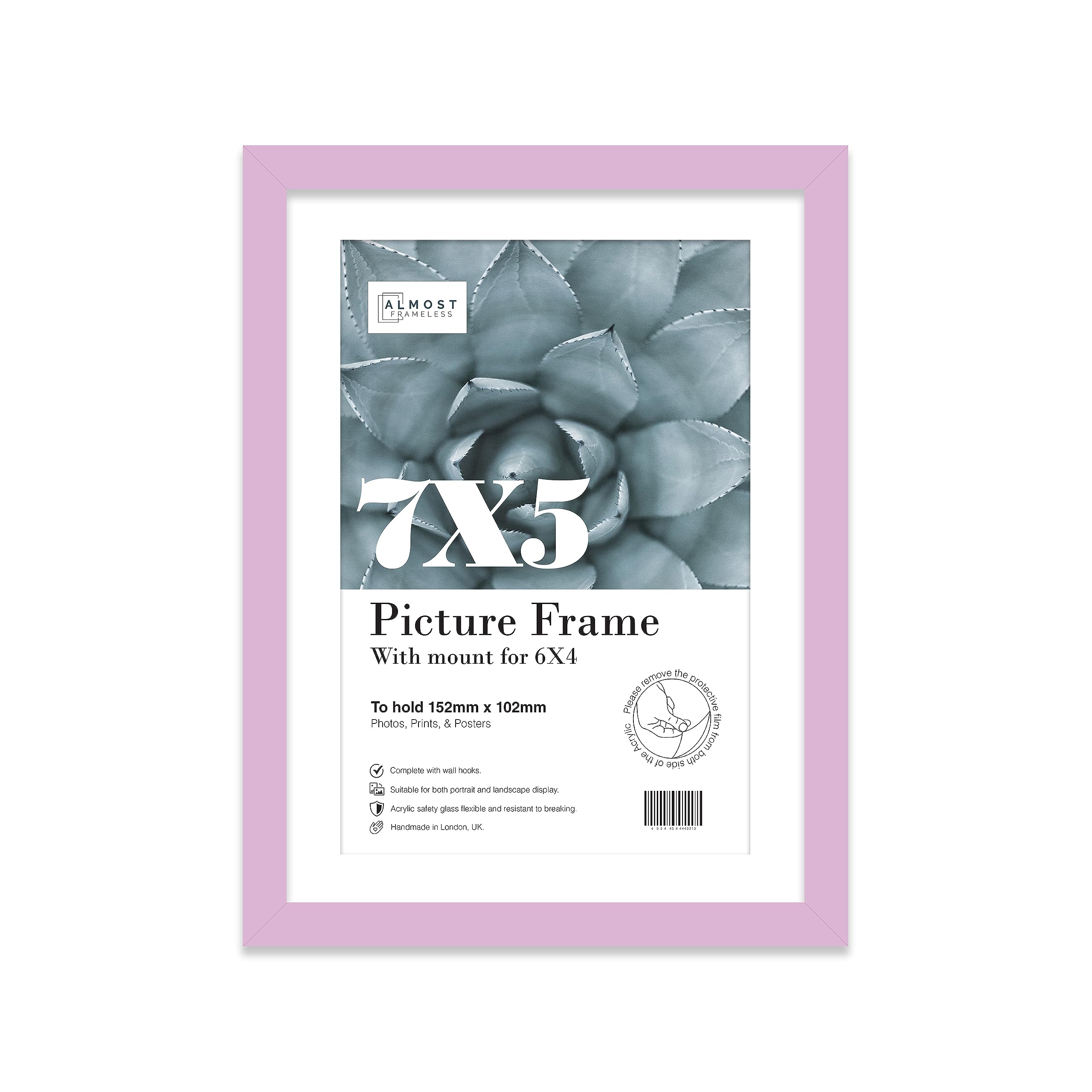 Almost Frameless 7x5 Lilac Picture Frame With Mount for 6x4 Print, Poster or Photo Poster, Photo, Artwork, or Print. Thin Edge Slim Frame Portrait and Landscape Display with Wall Hooks