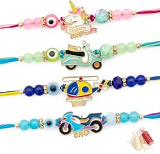 To The Nines Kids Rakhi For Brother With Tilak Material and Greeting Card - Pack of 4 Rakhi