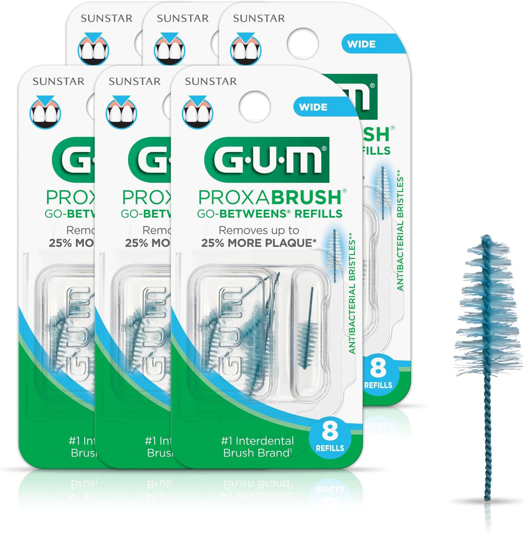 GUM Proxabrush Go-Betweens Refills - Wide - Compatible with GUM Permanent Handle - Reusable Interdental Brushes - Soft Bristled Dental Picks, 8 Count(Pack of 6)
