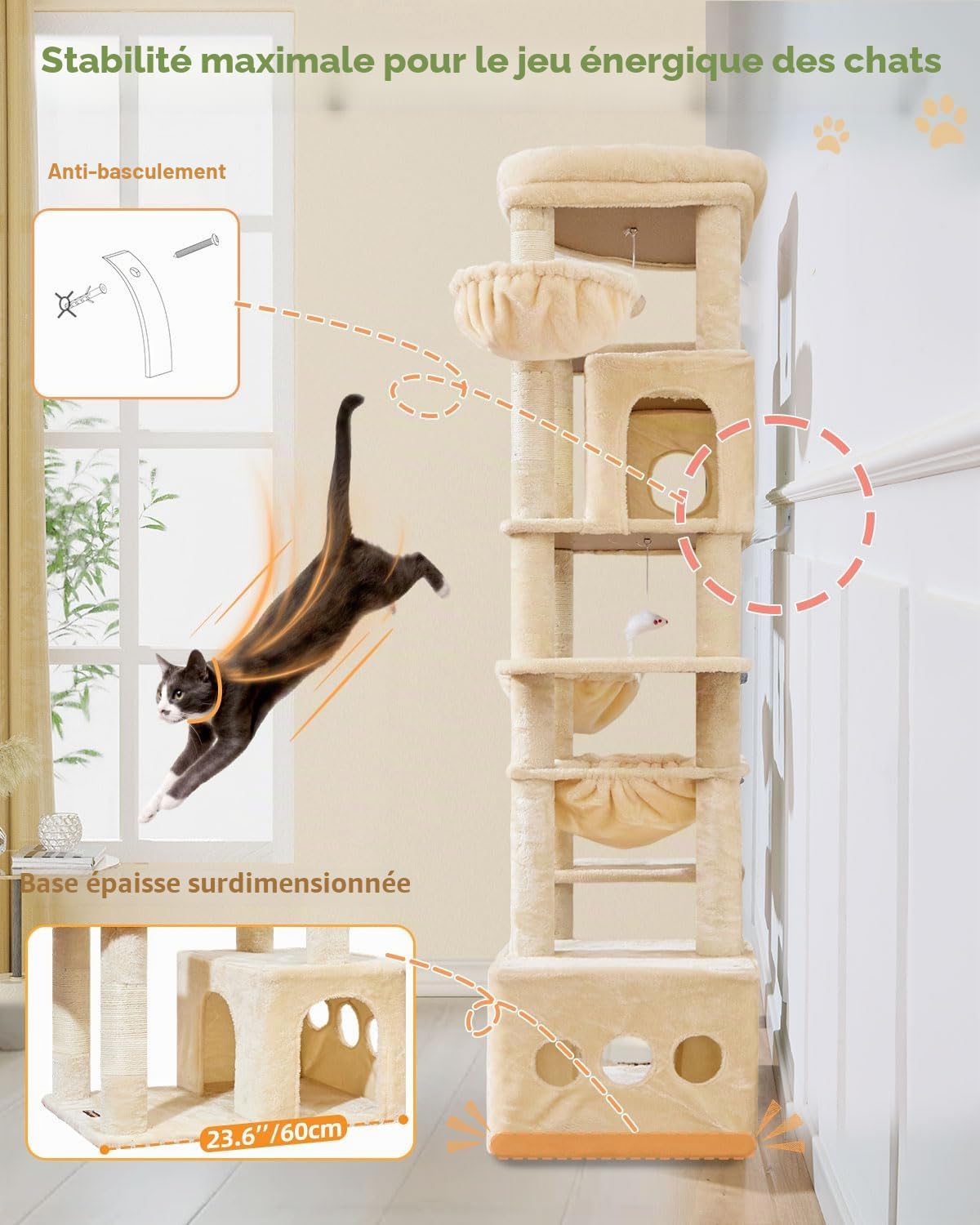 Taoqimiao Arbre À Chat Stable 183 cm, Plateformes Grandes avec Coussins | Tour de Jeux pour Chats spécifique Pour Les Maine Coon, 2 Niches, Hamac, 2 Paniers, 7 Griffoir Sisal, F20M Beige