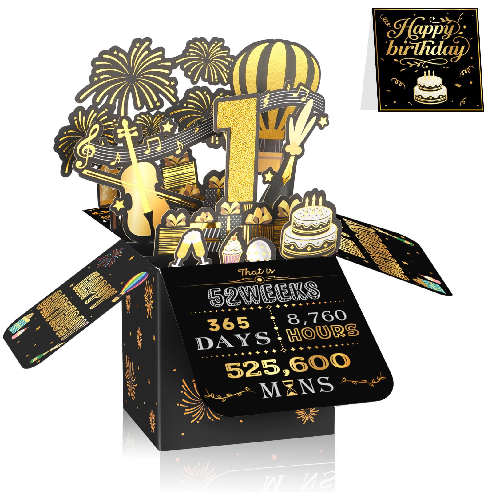 3D Pop Up 1st Birthday & Anniversary Card, Black and Gold Milestone Greeting Card, Birthday Party Decor Keepsake, Unique Gift for Boys Girls Son Daughter Sister Cousin