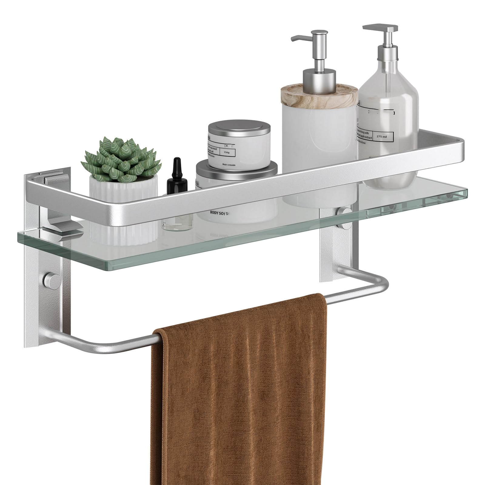 Danpoo Bathroom Wall Shelf with Towel Bar, Clear Tempered Glass, Hand Towel Holder (Matte Silver)