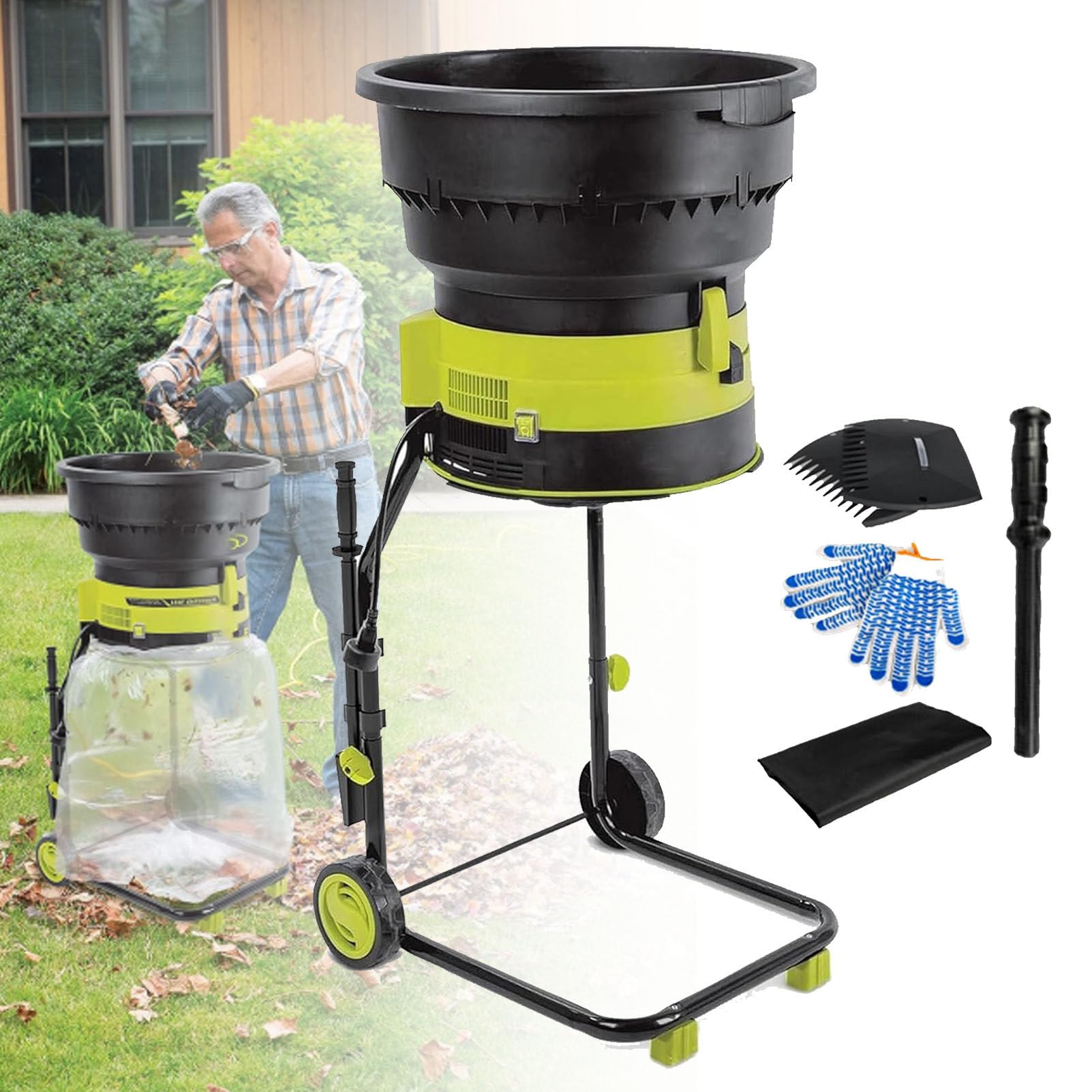 Trituradora de hojas eléctrica con cable, trituradora de jardín portátil sin cuchillas con ruedas, trituradoras y astilladoras de 8000 rpm con bolsa recolectora, diámetro del embudo 54 cm,30cm