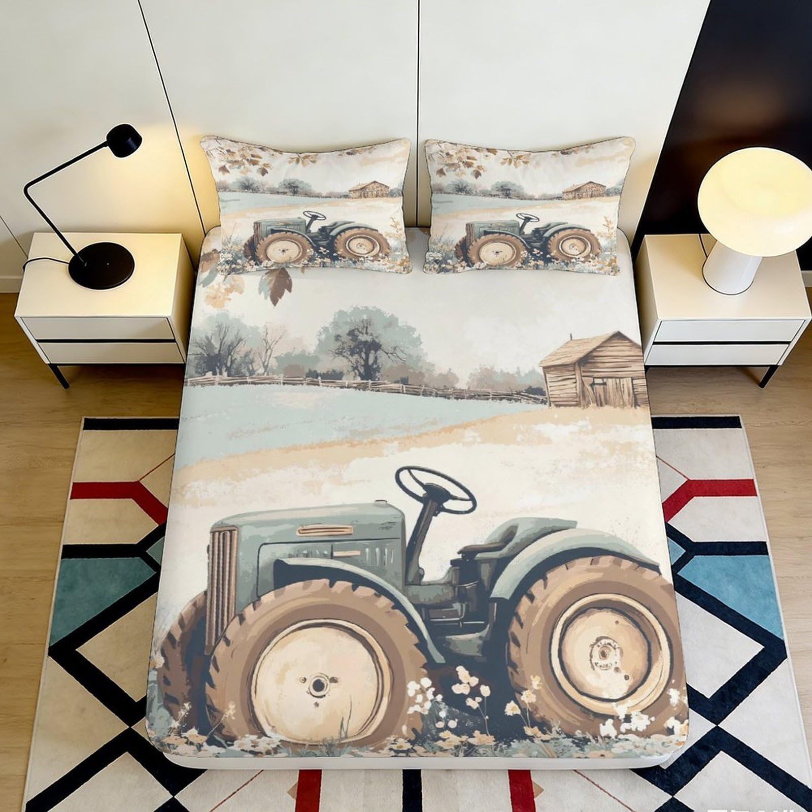 3D Printed Vintage Tractor Fitted Sheet Microfiber Soft Farmhouse Landscape Bed Cover for Bedroom Guest Room Decor 90x200x25cm