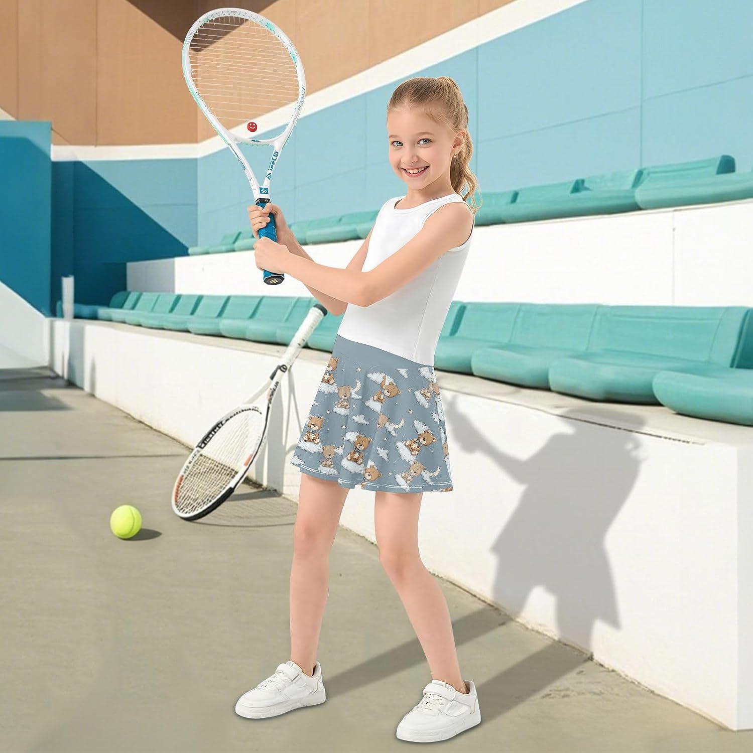 visesunny Rain Bear Story Girl's Golf Skirt Athletic Tennis Skort Sport Activewear with Double Layer Pockets