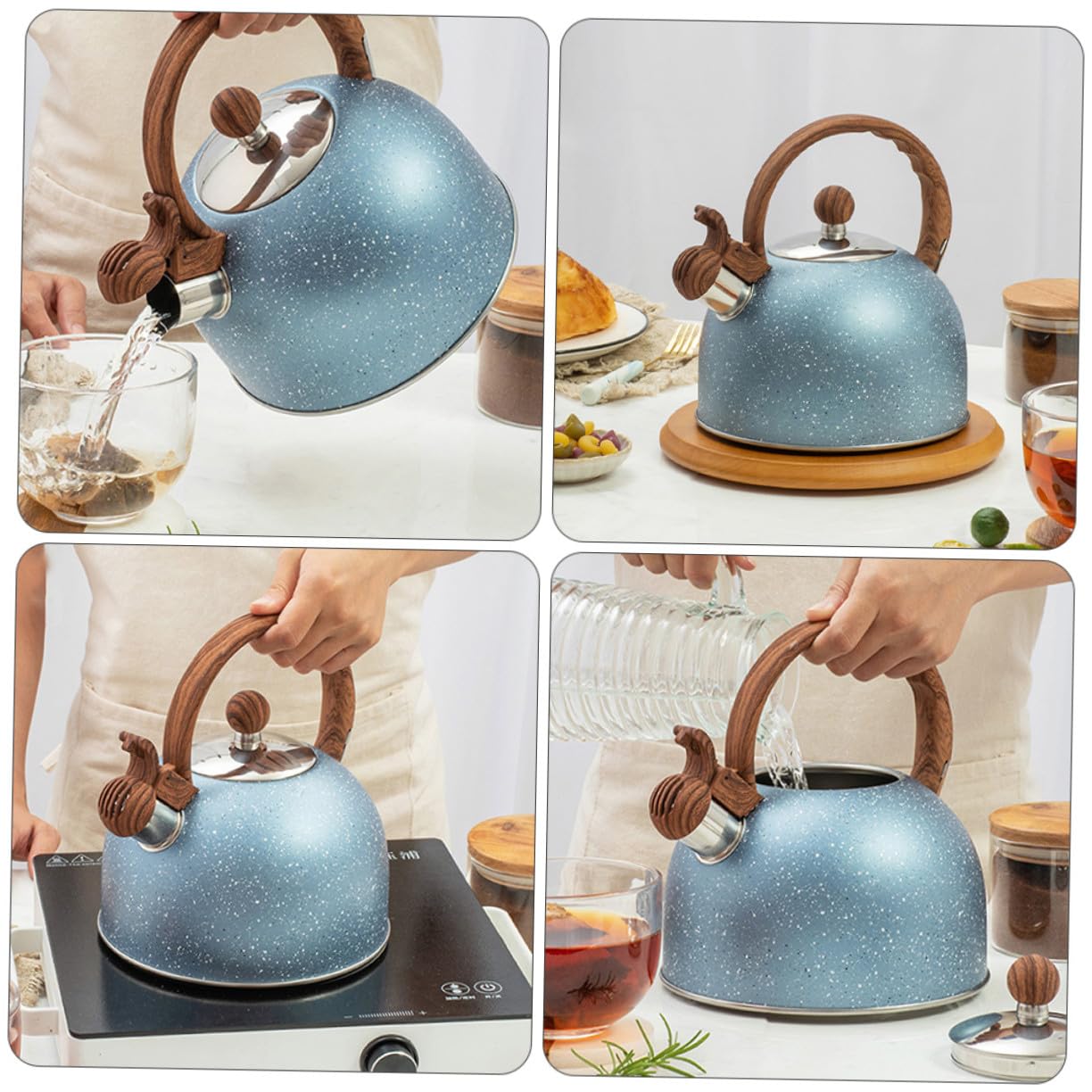 2,5l Blauer Teekessel aus Edelstahl mit Pfeife und Holzoptikgriff Geeignet für Induktion Anti Verbrühend für Zuhause und Restaurant