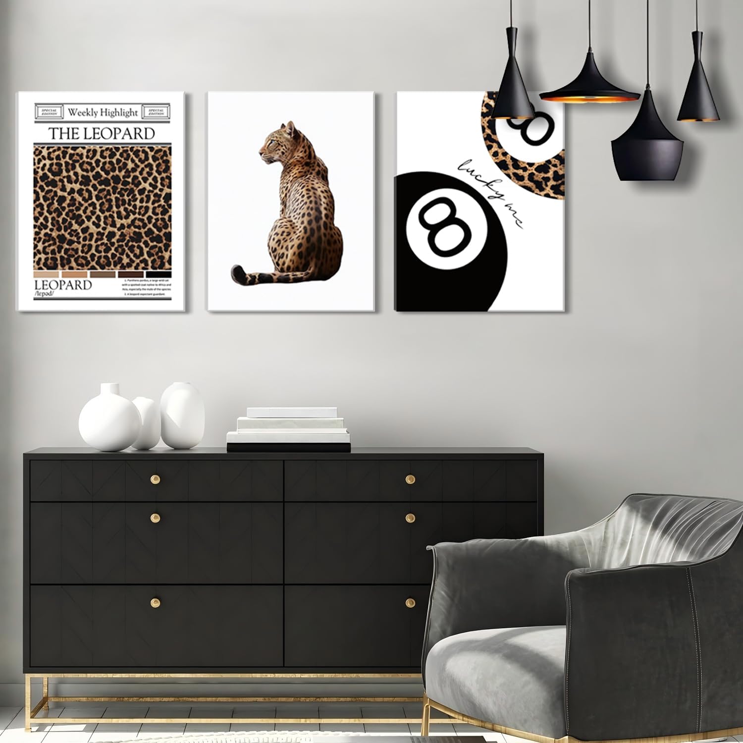 Black And White Framed Wall Art Set of 3-Trendy Leopard Canvas Art Prints Funky Lucky 8 Ball Posters Prints Preppy Room Aesthetic Cheetah Wall Decor Pictures For Bedroom Bathroom Living Room 16×24in