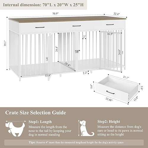 Miniatura 4 de HOSTACK Double Dog Crates Furniture, 71" Wide Indoor Dog Kennel with 3 Drawers, Farmhouse Dog Cage for 2 Large/Medium Dogs, Heavy Duty Dog Crate