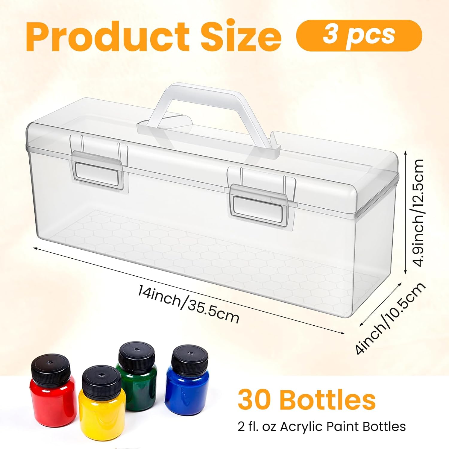 3 Pcs Clear Paint Storage Box with Handle 30 Bottles Capacity Portable Paint Organizer for 2 Fl. Oz Acrylic Paints Plastic Art Supply Container for Crafts, Brushes, Markers