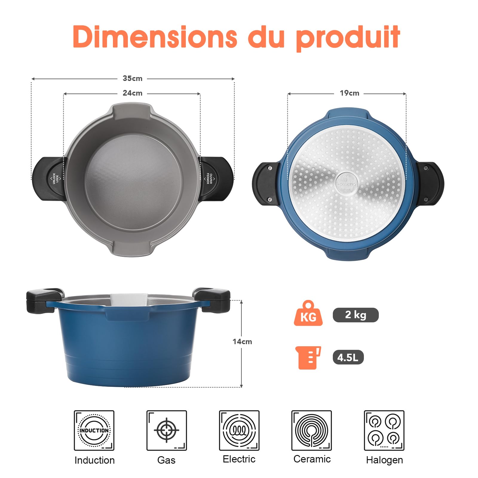 ROSSETTO Cuiseur à pâtes 24 cm 4,5L casserole induction, Revêtement Anti-Adhérent céramique, Faitout Marmite Fonte Aluminium tout feux, Couvercle en Verre, Bleu