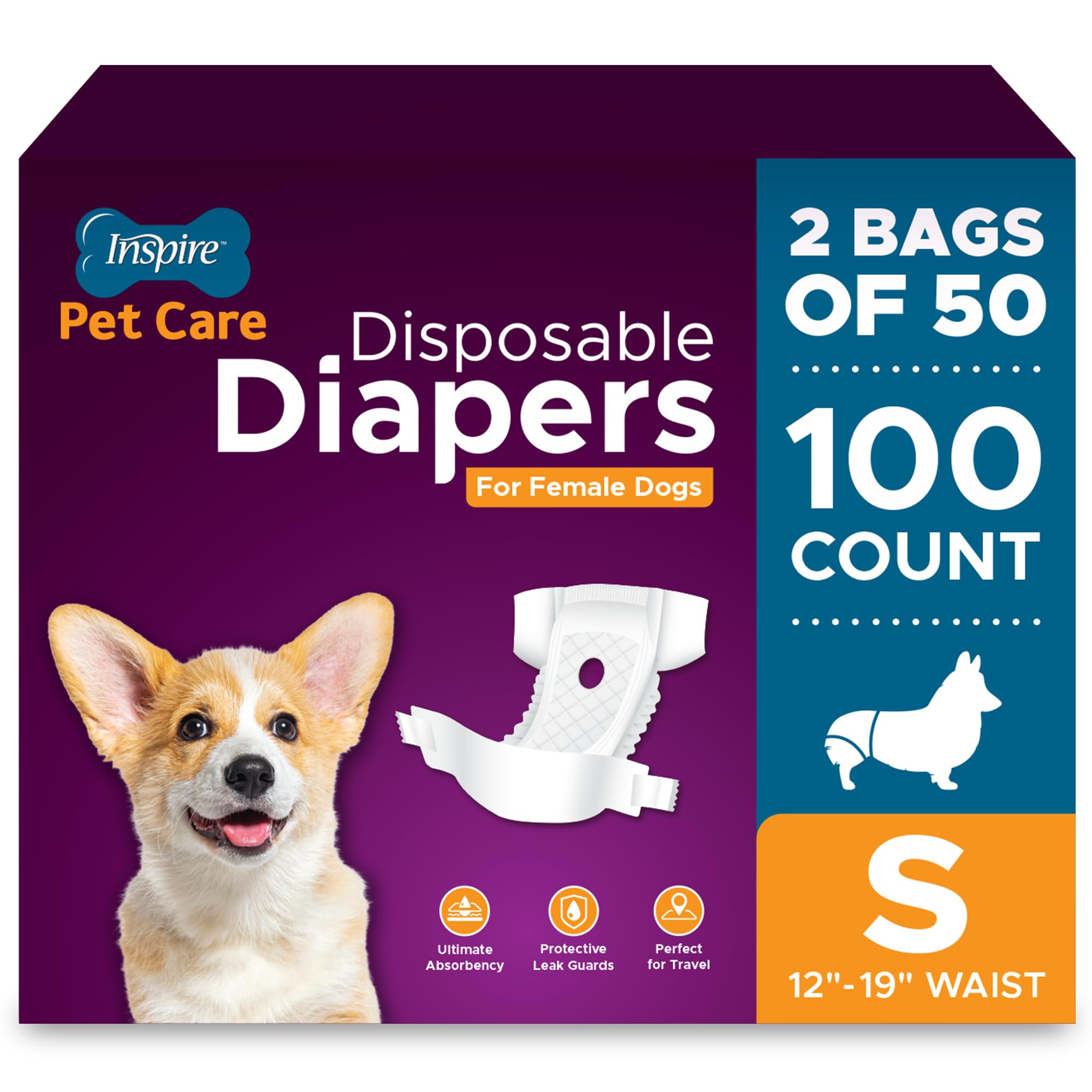 Inspire Pet Care Dog Diapers Female Dogs | Bulk Value Doggie Incontinence, Accidents, for Heat, Pee or Period and Housebreaking (Small (100 Count))