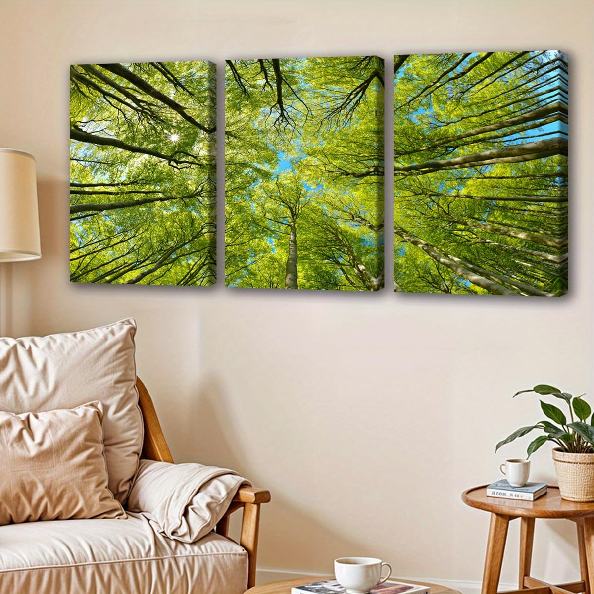 IXEHOH Forêt de Canopée Tableau Toile Murale Arbre Vert Nature Images Décoration Murale pour Salon Chambre, 3 Pièces Rayon de Soleil Feuilles Peintures Murale, Grande Art Esthétique 20x30cmx3