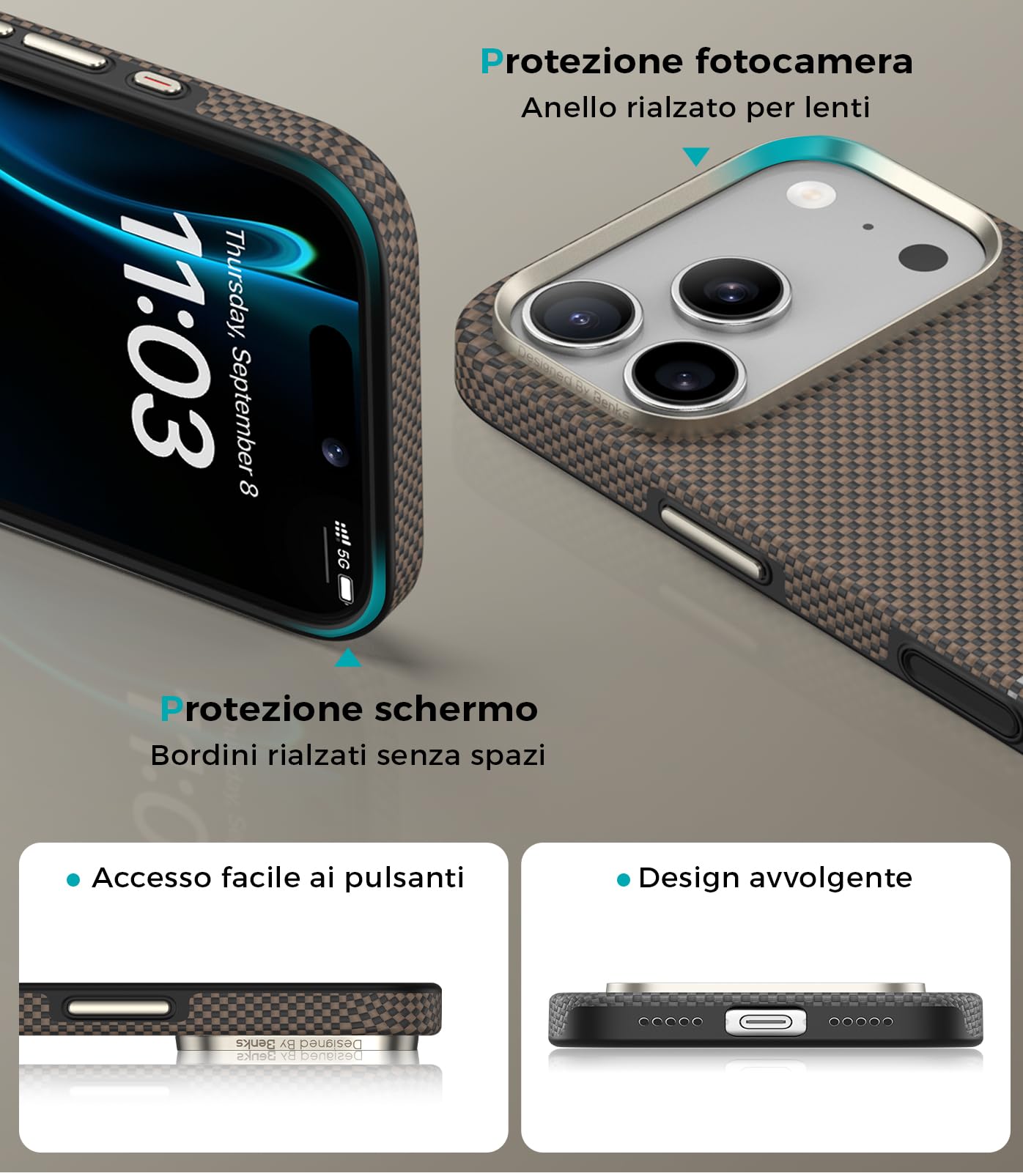 BENKS Prestige Cover per iPhone 17 Pro Max con Pulsante Controllo Fotocamera Compatibile con MagSafe, Antiurto Custodia in Fibra Aramidica DuPont Kevlar e TPU