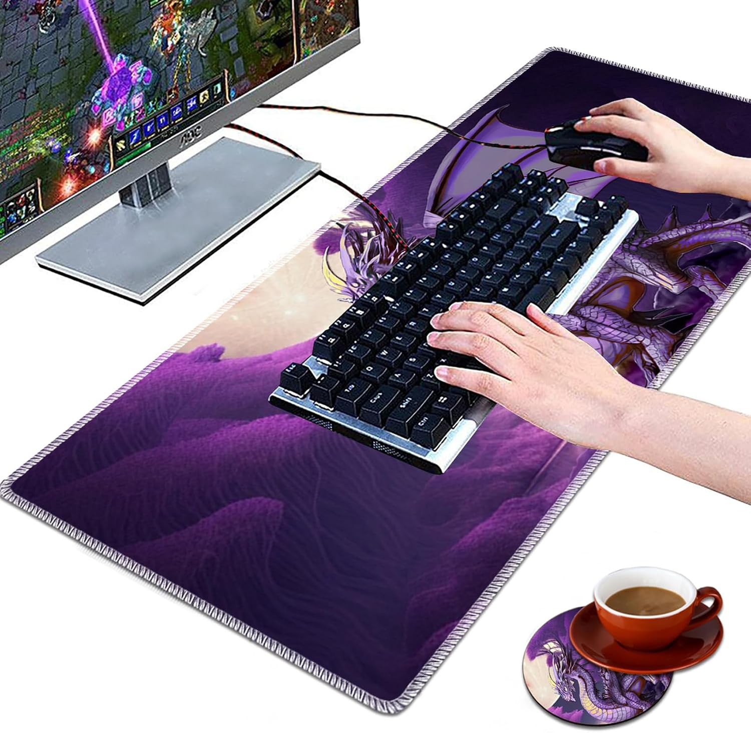 Large Gaming Mouse Pad Plus a Coasters + Cable Clips, Purple Dragon Extended Mousepad (31.5 x 11.8) with Stitched Edge, Foldable Computer Keyboard Desktop Mouse Mat for Home Office image 4